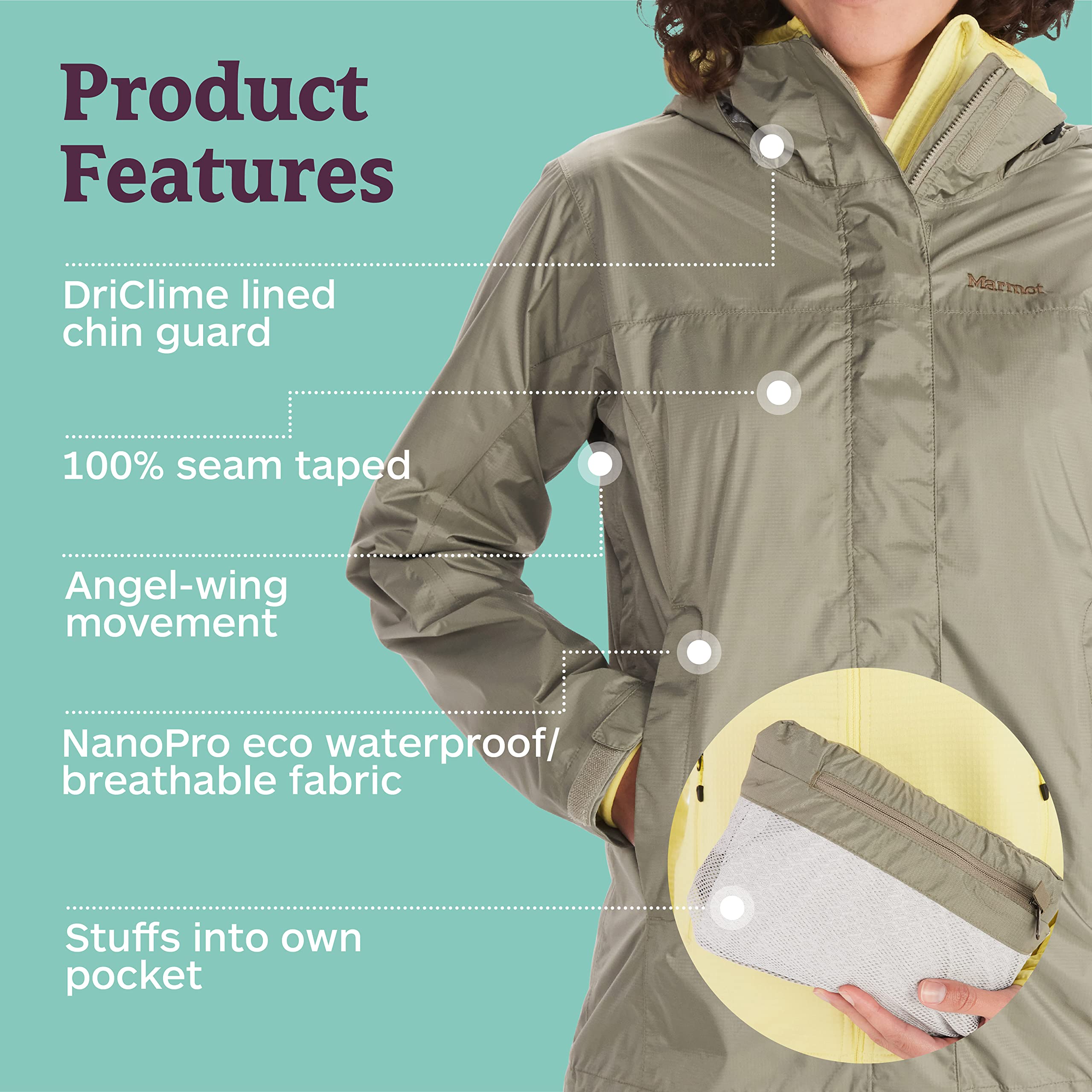 Marmot Wodoodporna kurtka przeciwdeszczowa, oddychający płaszcz przeciwdeszczowy z kapturem, lekka wiatrówka hardshell na wędrówki Kobiety Wm's PreCip Eco Jacket