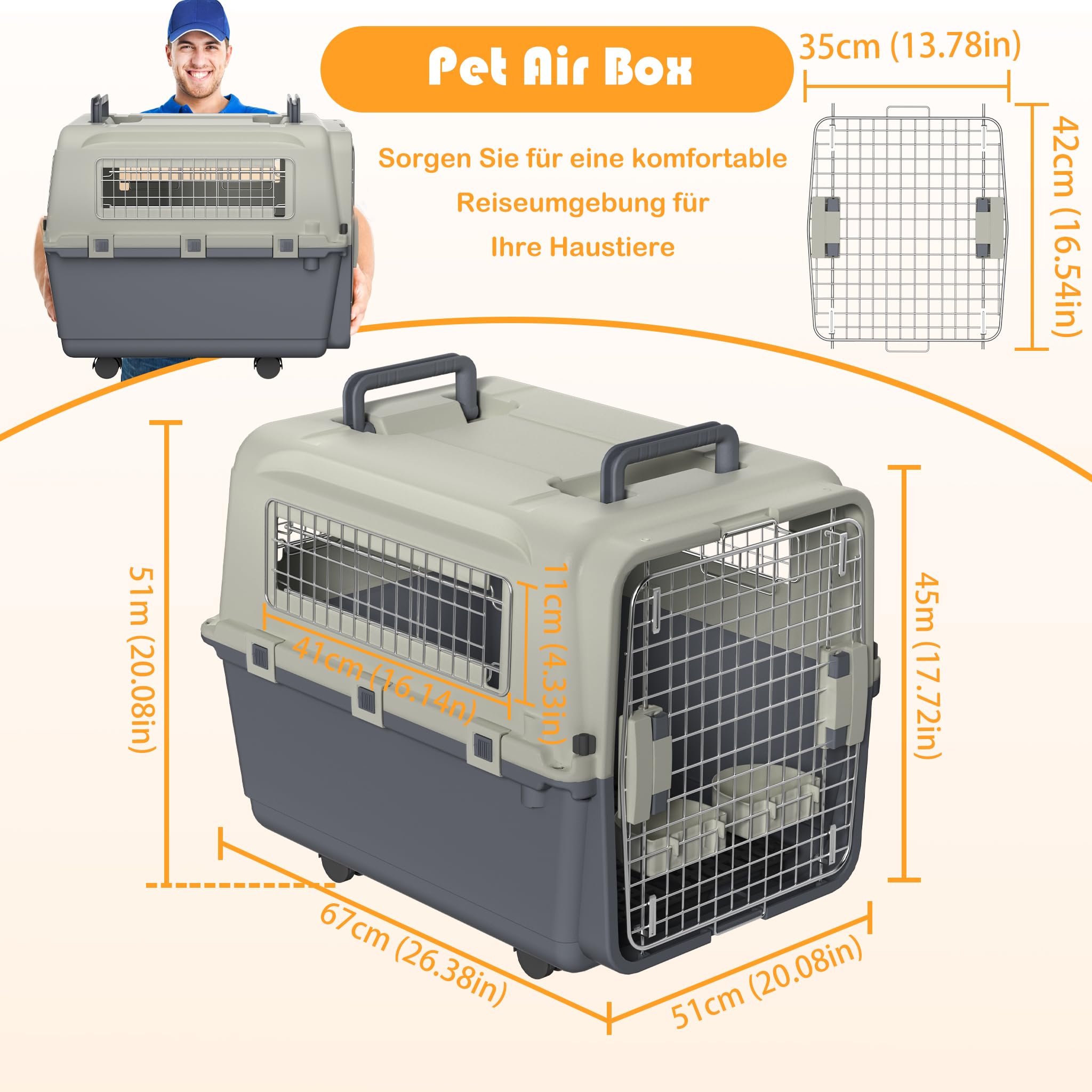 XMTECH Hundetransportbox Transportbox Flugzeugbox für Tiere, Reisebox für Hunde, mit Sicherheitsverriegelung & Lüftungsgitter, L 67 x B 51 x H 45 cm