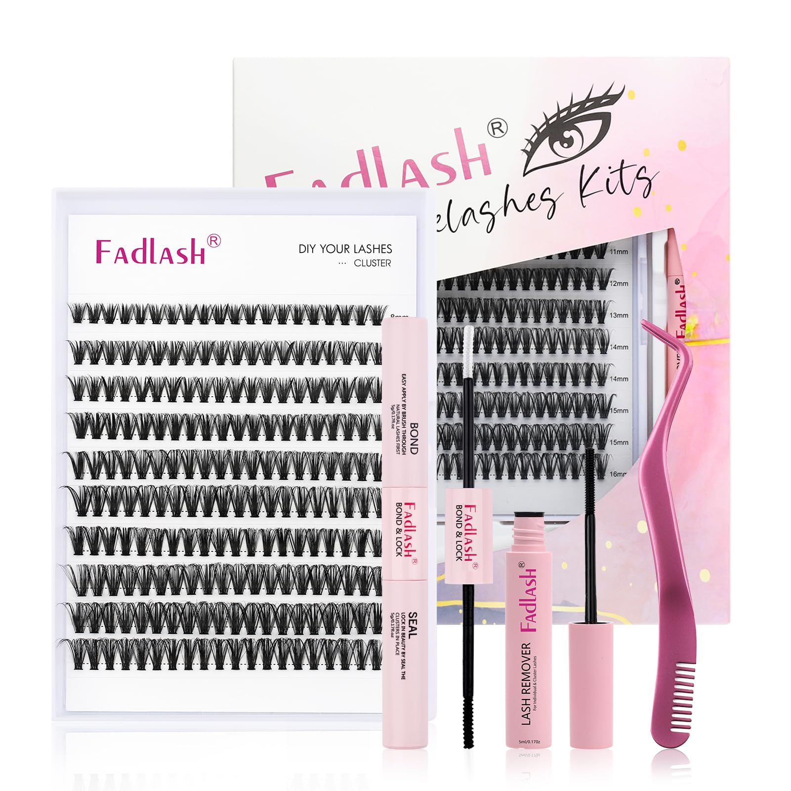 FADLASH Kit Pestañas Postizas Individuales 200pcs 40D 8-16mm, Bond and Seal, Removedor Pegamento Pestañas, Pinzas de Pestañas Bricolaje en Casa