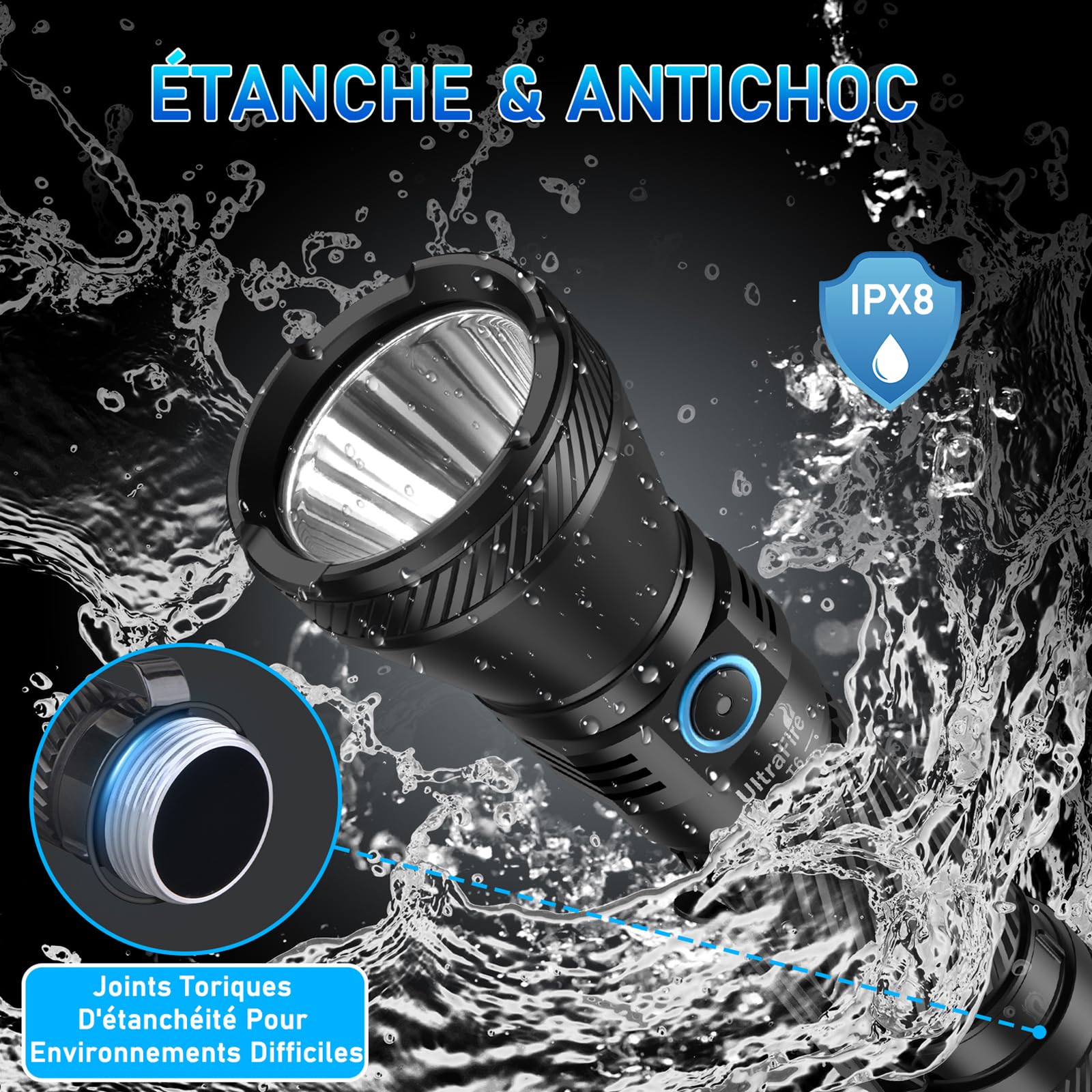 UltraFire Lampe de poche tactique de police avec étui - 1800 lumens - Rechargeable - LED - Pour la chasse - 3 lentilles filtrantes - Rouge/vert/bleu - 1804 FT Throw - 4 modes - Double interrupteur