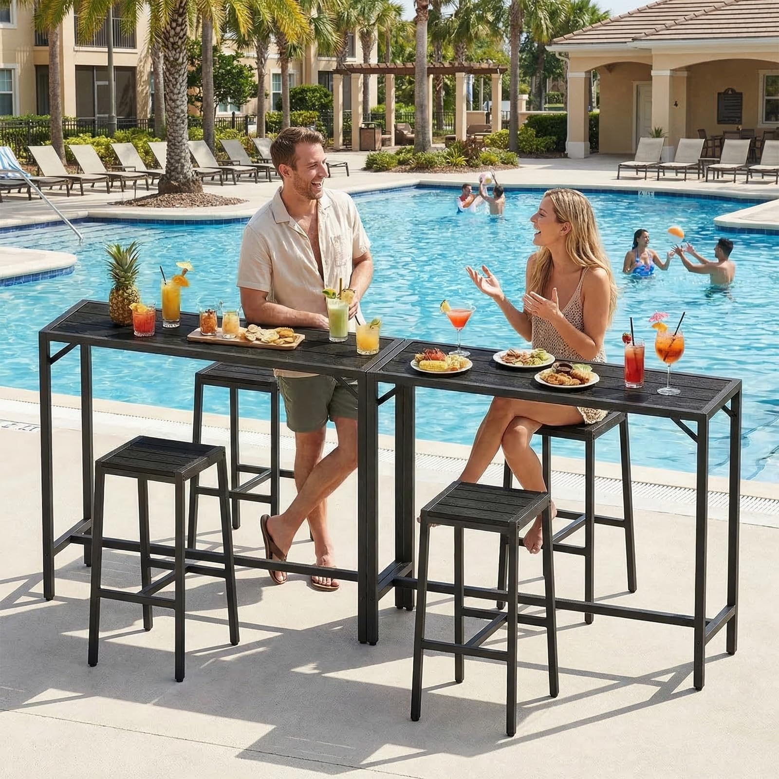 Table de Bar Exterieur LIFERUN 120 x 38 x 98 cm Pieds Réglables Plateau Étanche Noir