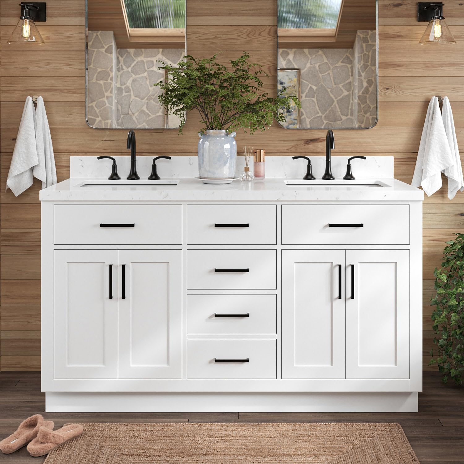 ARIEL 60" White Double Bathroom Vanity with Sink, 1.5" Edge Carrara Quartz Countertop & Backsplash, Rectangular Sinks, 4 Soft Closing Doors, 4 Full