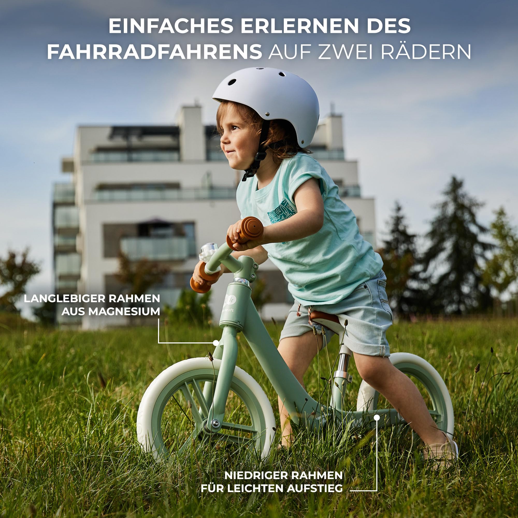 Kinderkraft Laufrad Fly Plus 2, Lernlaufrad, Kinderlaufrad, Fahrrad mit Zubehör, Klingel, höhenverstellbar Sattel, 12 Zoll Räder, Magnesiumrahme, ab 2 Jahre, Retro Design, Grün