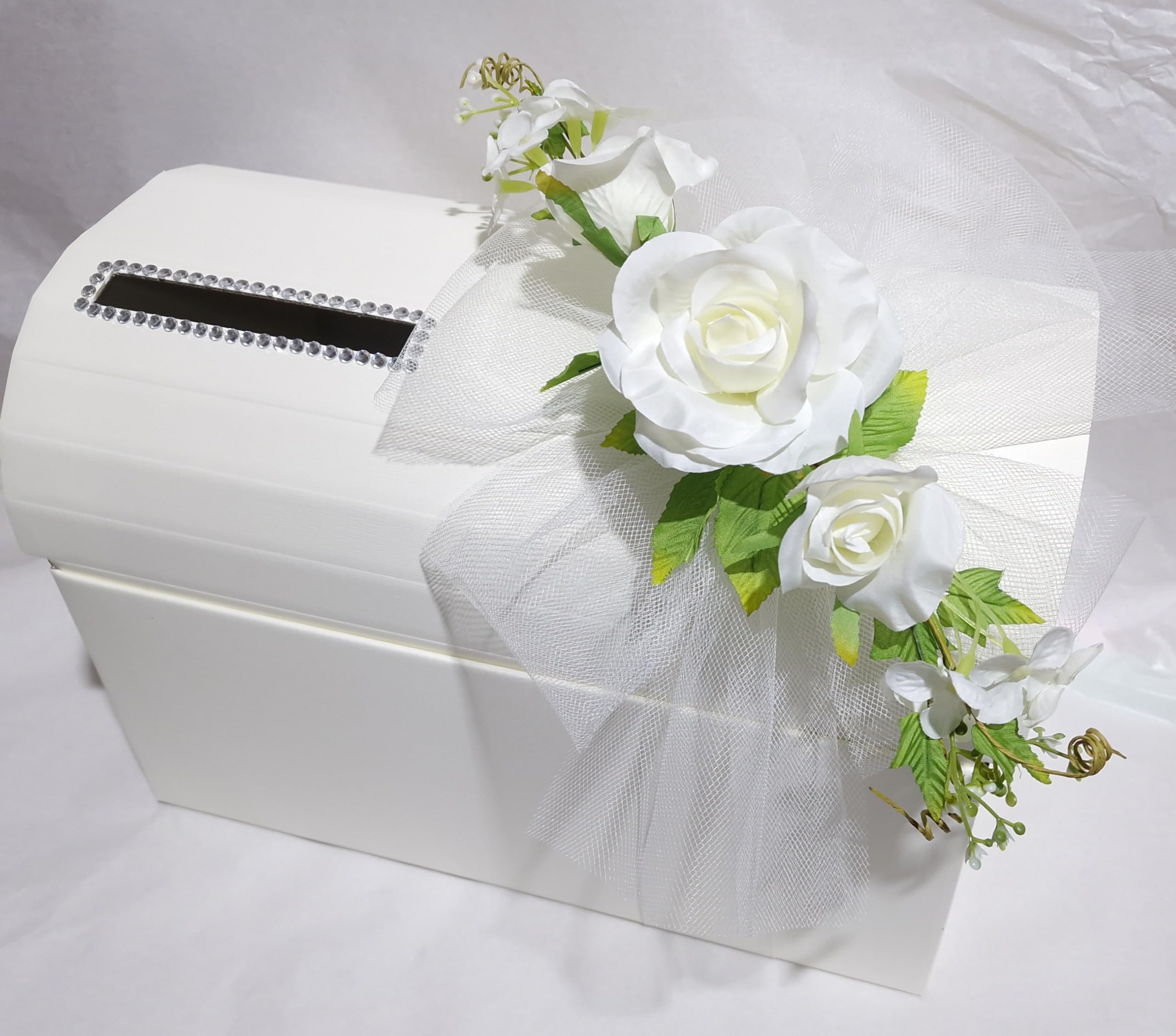 1 pz Baule Scatola Porta Buste Matrimonio Nozze Seta Avorio con Foro Strass Tulle e Fiori Bianchi 38x23x25 cm Wedding Box Elegante Porta Auguri Bomboniera Ricevimento Matrimonio 2026