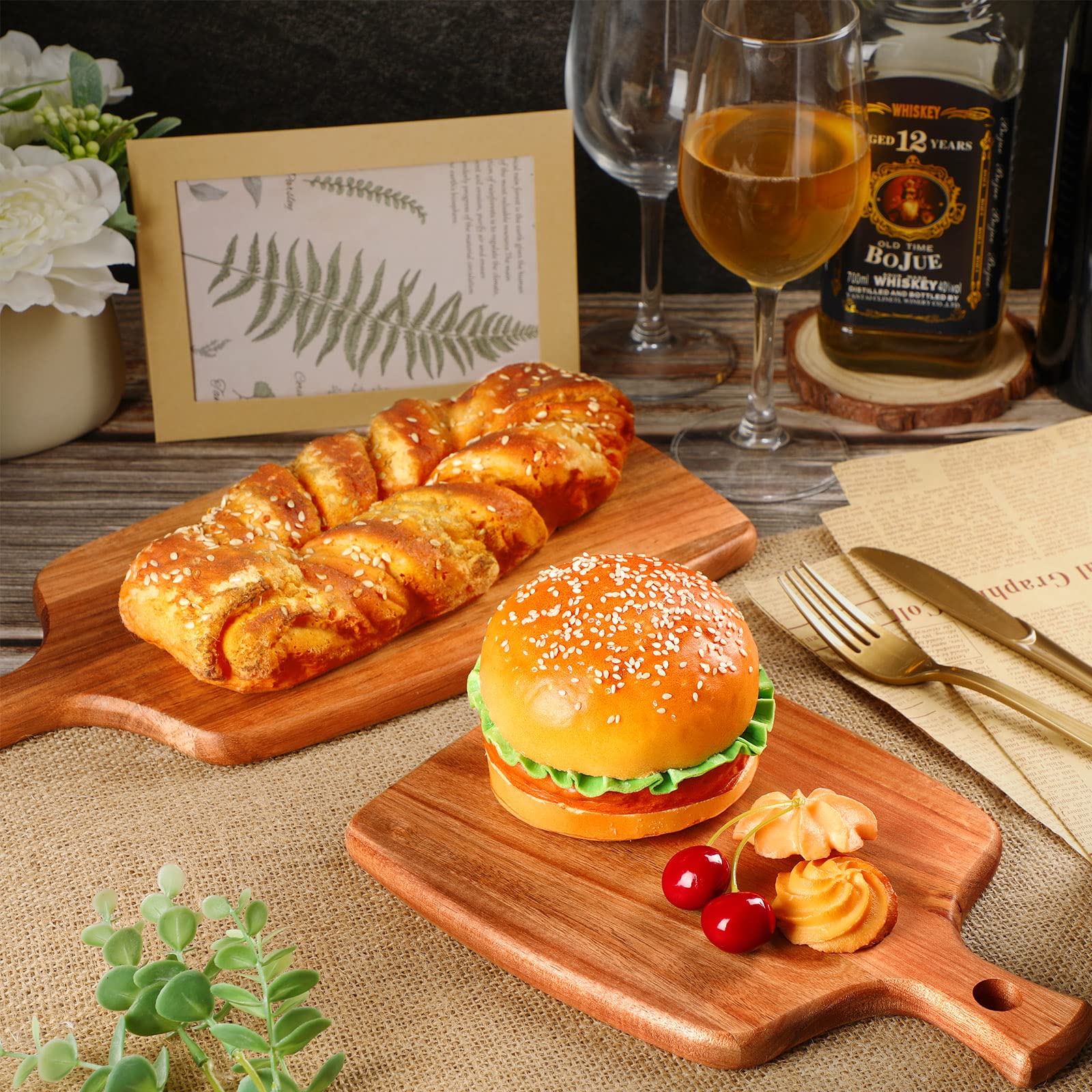 3 Pcs Acacia Wood Cutting Board with Handle Wooden Kitchen Chopping Boards Charcuterie Boards Decorative Butter Board Serving Tray for Bread Meat Fruits Cheese Pizza Vegetables (17x7, 14x7, 10x7 Inch)