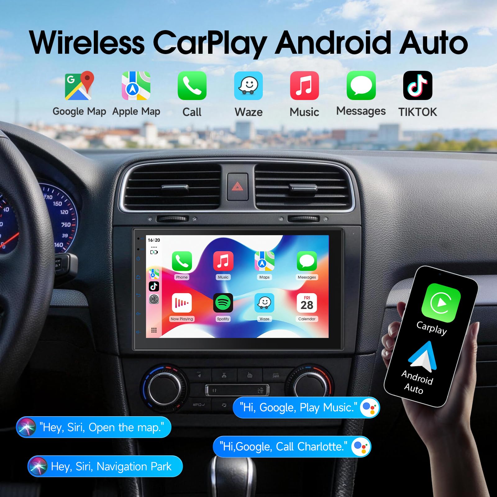 Haudio Radio samochodowe 2 Din z bezprzewodową funkcją CarPlay i Android Auto, 7-calowy ekran IPS z łącznikiem lusterka, GPS, sterowanie głosowe, SWC/FM/RDS/AM, 25 zestawów interfejsu użytkownika