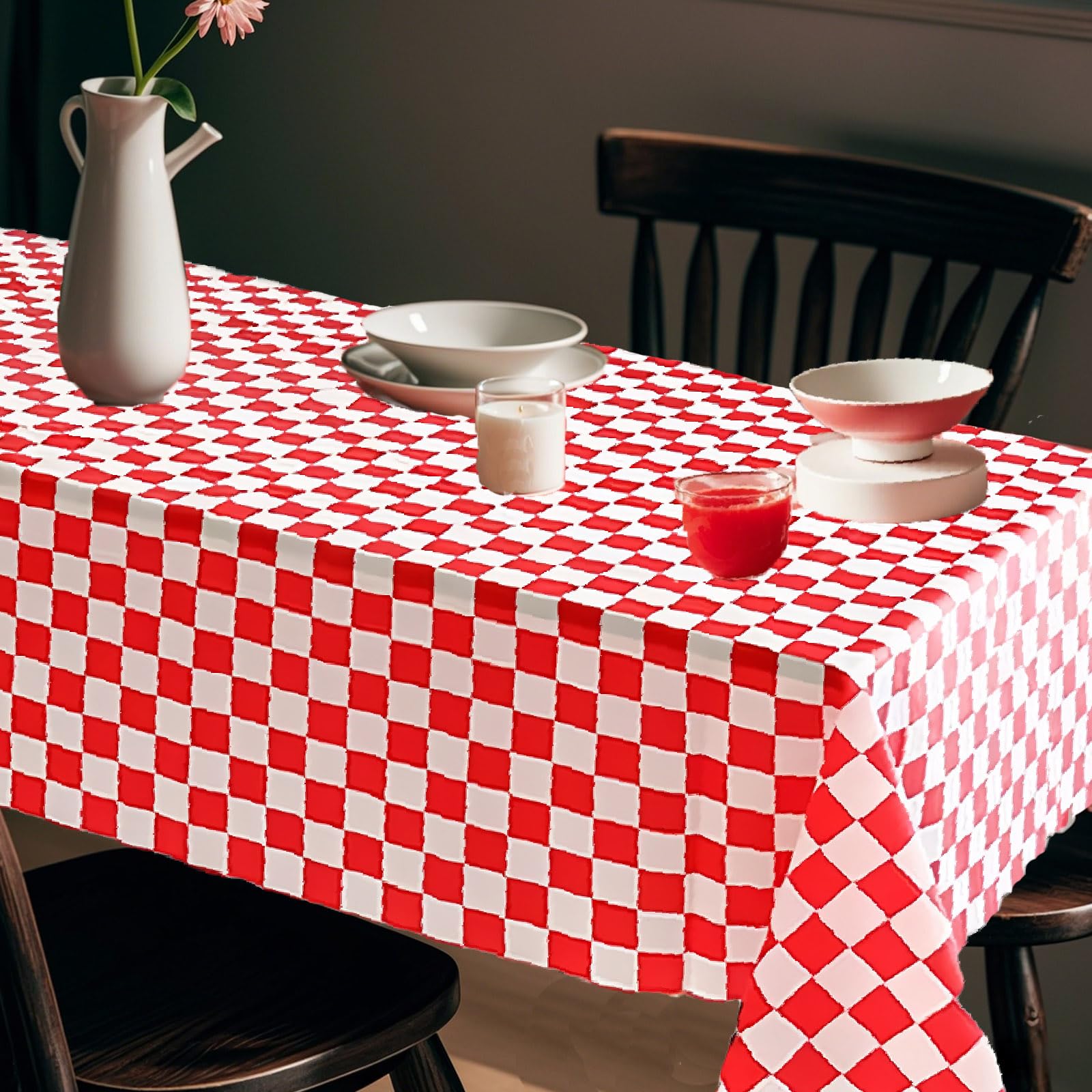 Tovaglia usa e getta a scacchi rossi e bianchi (137 x 274 cm), tovaglia rettangolare in plastica per picnic, feste di compleanno, matrimonio, Natale, baby shower, San Valentino