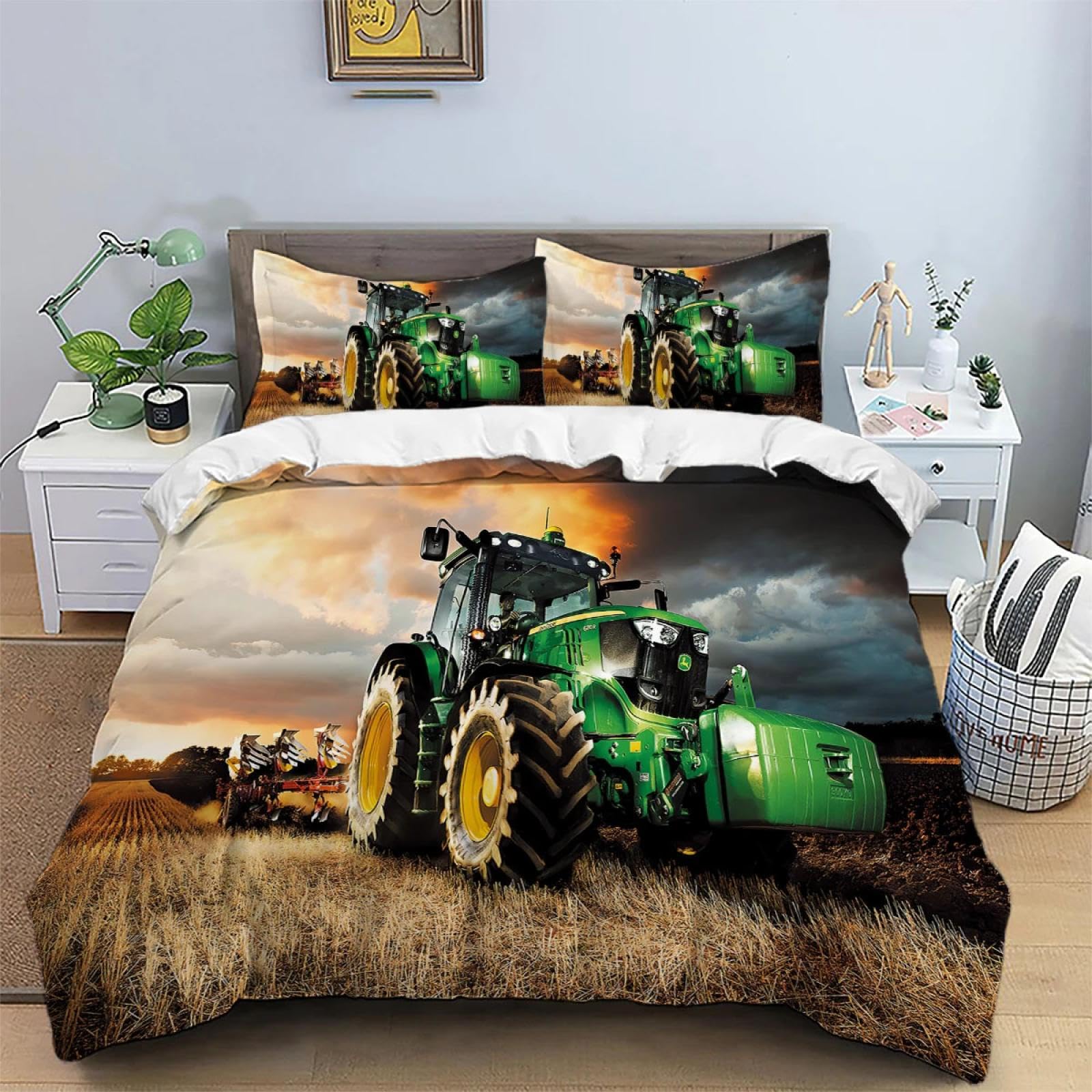 AAFUOO Tractor Duvet Cover Set Queen Size Kids Boys Tractor Bedding Set Single Bedheavy Machinery Cars Comforter Cover Double 200x220cm(79x87in)+50x75cm(20x30in)*2