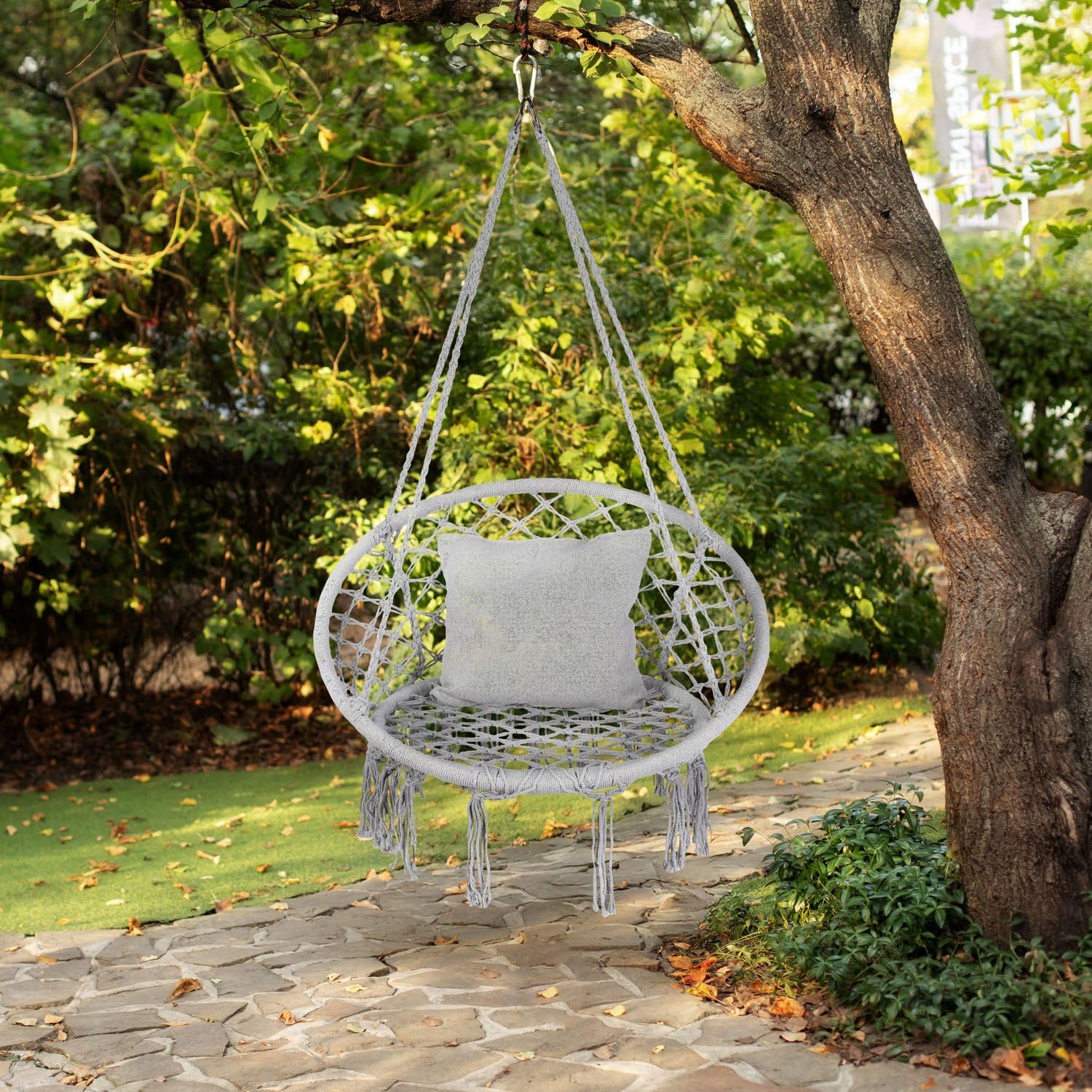 Fauteuil Suspendu 1 Personnes XXL avec Coussin, Single Chaise Suspendue Exterieur de jusqu'à 150 kg, Boho Chaise Hamac Suspendu Interieur, Fauteuil Balancoire Bohème, Ideal pour Jardin, Gris