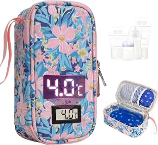 YOUSHARES Muttermilch Kühltasche mit Temperaturanzeige für 4-6 Muttermilchbeutel, tragbare Isoliertasche zur Muttermilch Aufbewahrung, inkl. 2 Kühlakkus für Reisen, Kita oder Arbeit (Pastellblumen)