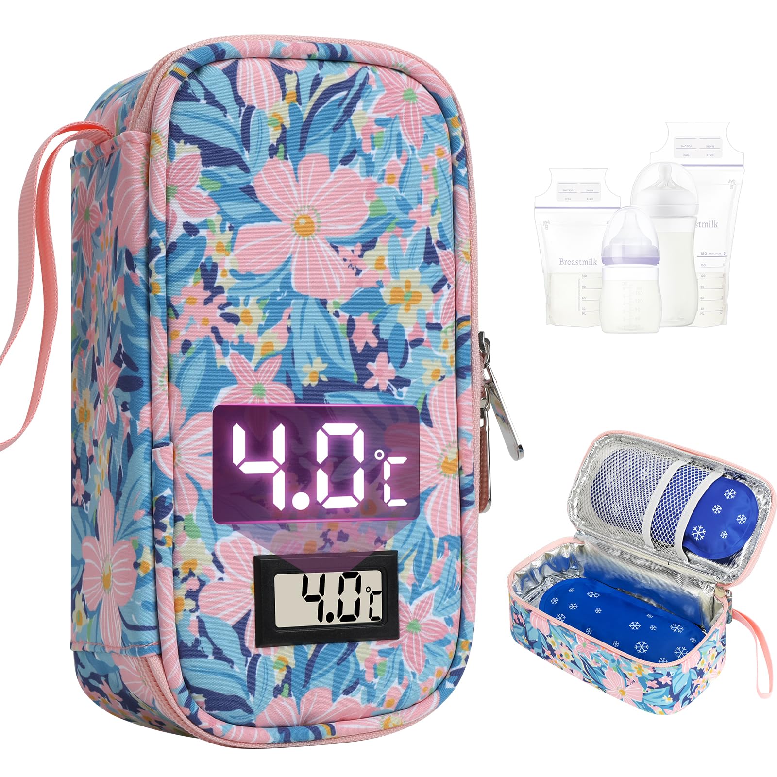 YOUSHARES Muttermilch Kühltasche mit Temperaturanzeige für 4-6 Muttermilchbeutel, tragbare Isoliertasche zur Muttermilch Aufbewahrung, inkl. 2 Kühlakkus für Reisen, Kita oder Arbeit (Pastellblumen)