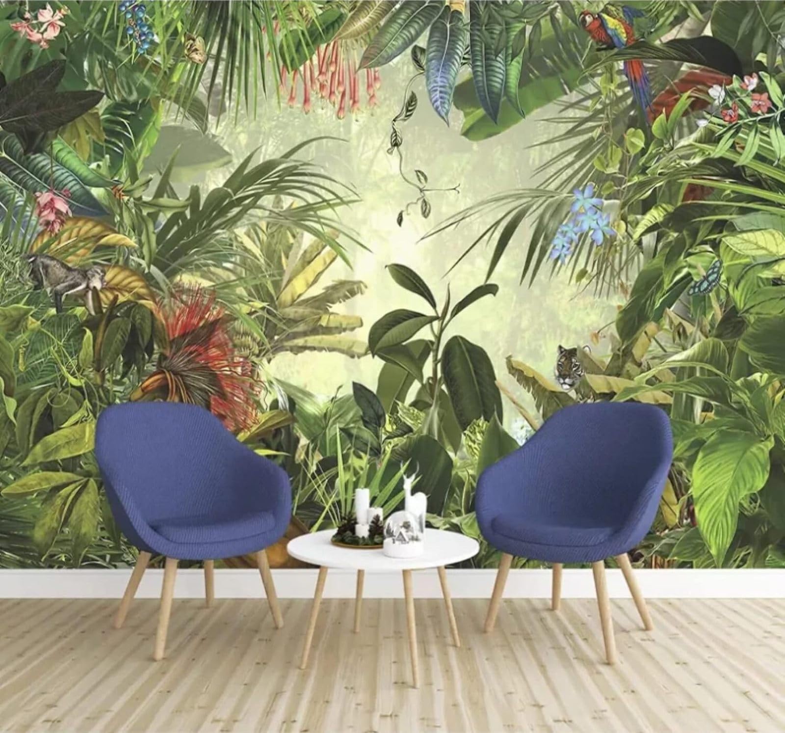 Hand Drawn Fresh Tropical Jungle Animals 3D Wallpaper Easy Install Feature Office Living Room Sofa Bedroom TV Background Wall Decoration-200cm×140cm