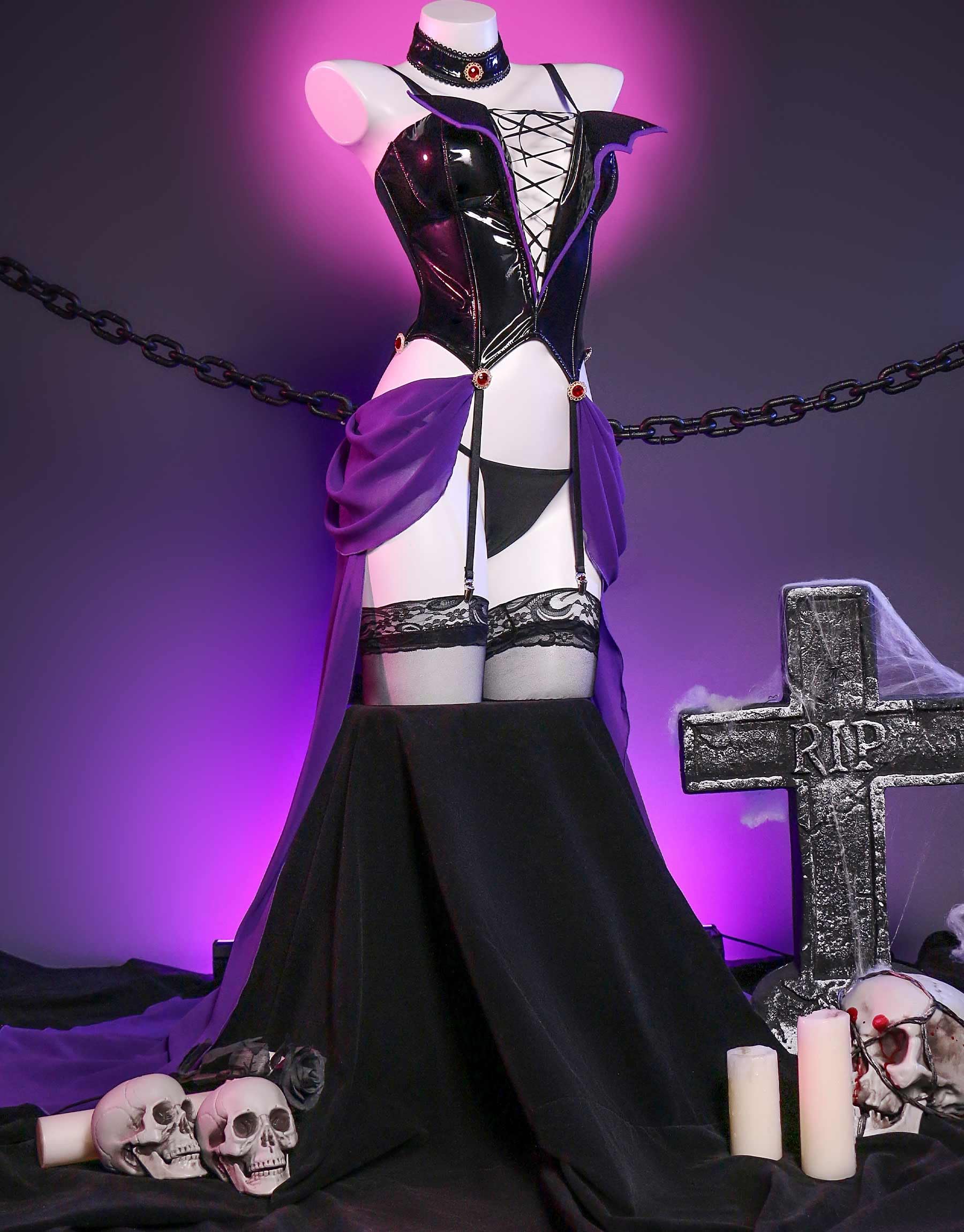 miccostumes Women Adult Costume Anime Cosplay Lingerie Set Corset and Thong with Choker and Thigh Socks: Small