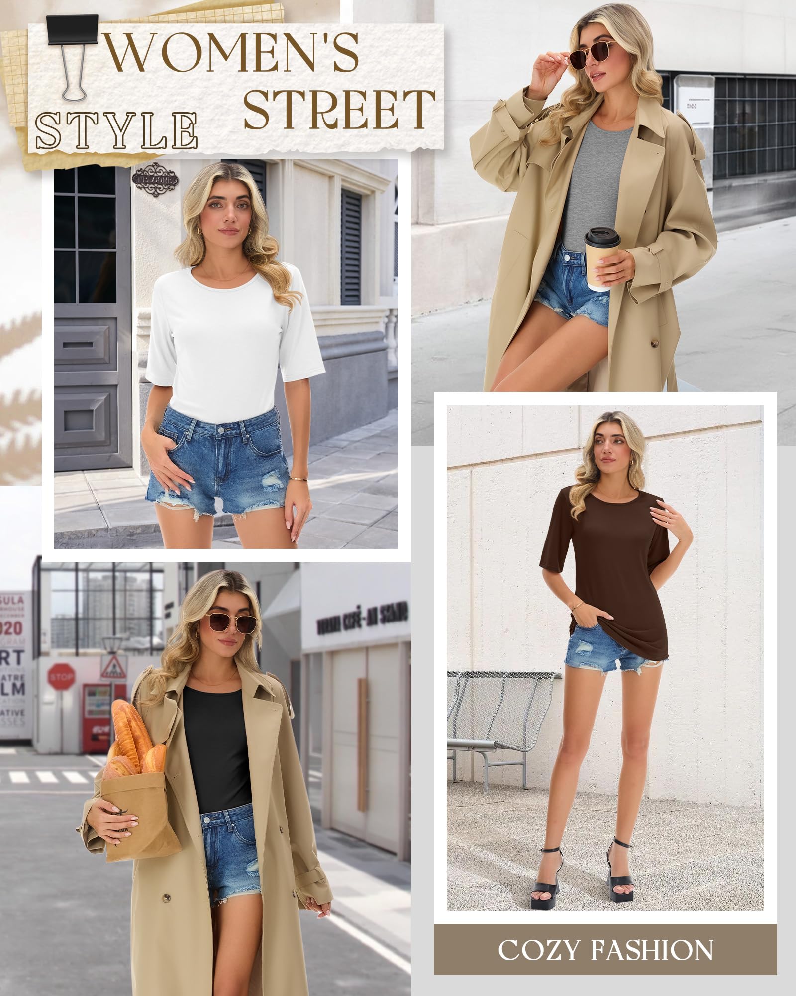 Neer Confezione da 4 Top da Donna a Mezza Manica, Lunghezza al Gomito, Oversize, Girocollo, Top Casual Estivi.