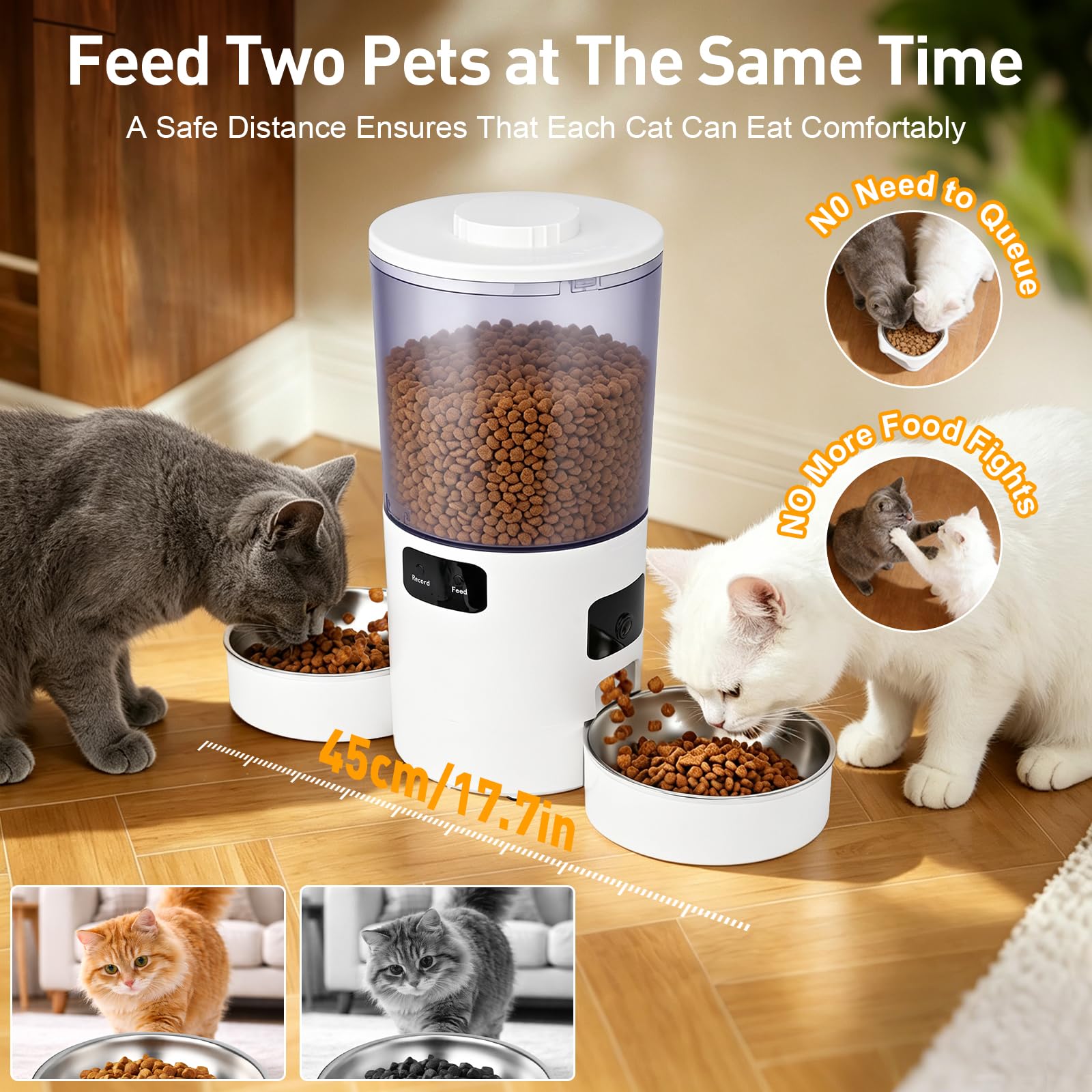 Podazz Comedero automático para gatos con doble cuenco, capacidad de 5 litros, 2 cámaras, WiFi, para 2 gatos o perros pequeños, control de aplicación de 2,4 GHz y 5 GHz, 20 comidas al día, porciones