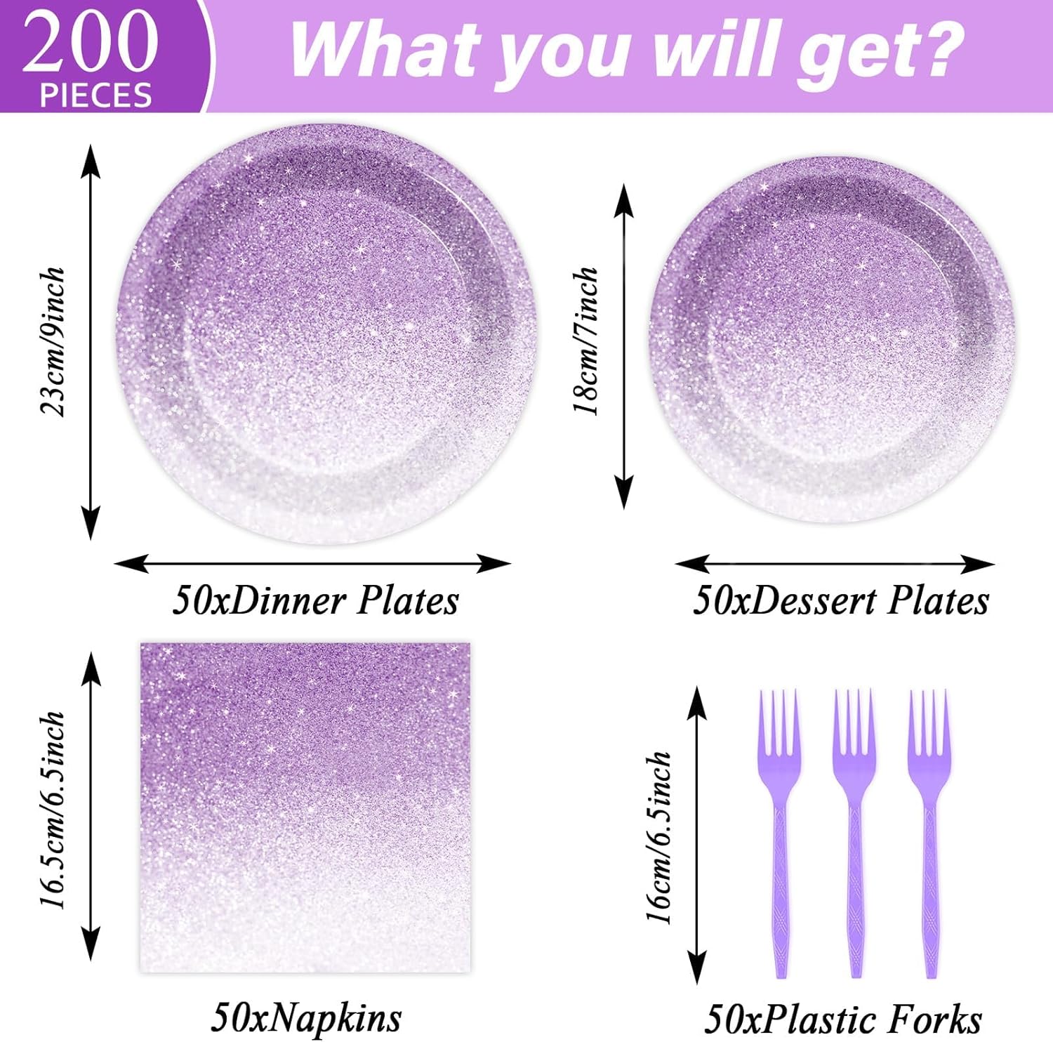 200pcs Ombre Gradient Pastel Purple Plates Napkins Sprinkle Party Decorations Tableware Dinnerware for Girls Women Birthday Wedding Serves 50 Guests - Image 2