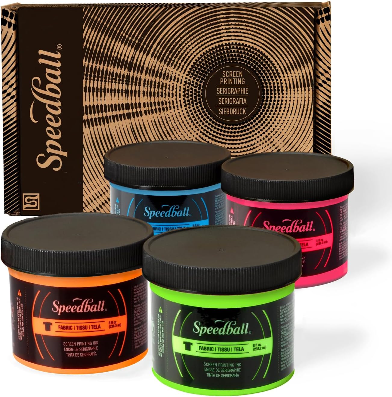 Fabric Screen Printing Ink Set, 4oz Fluorescent Colors: Hot Pink, Lime Green, Orange & Blue
