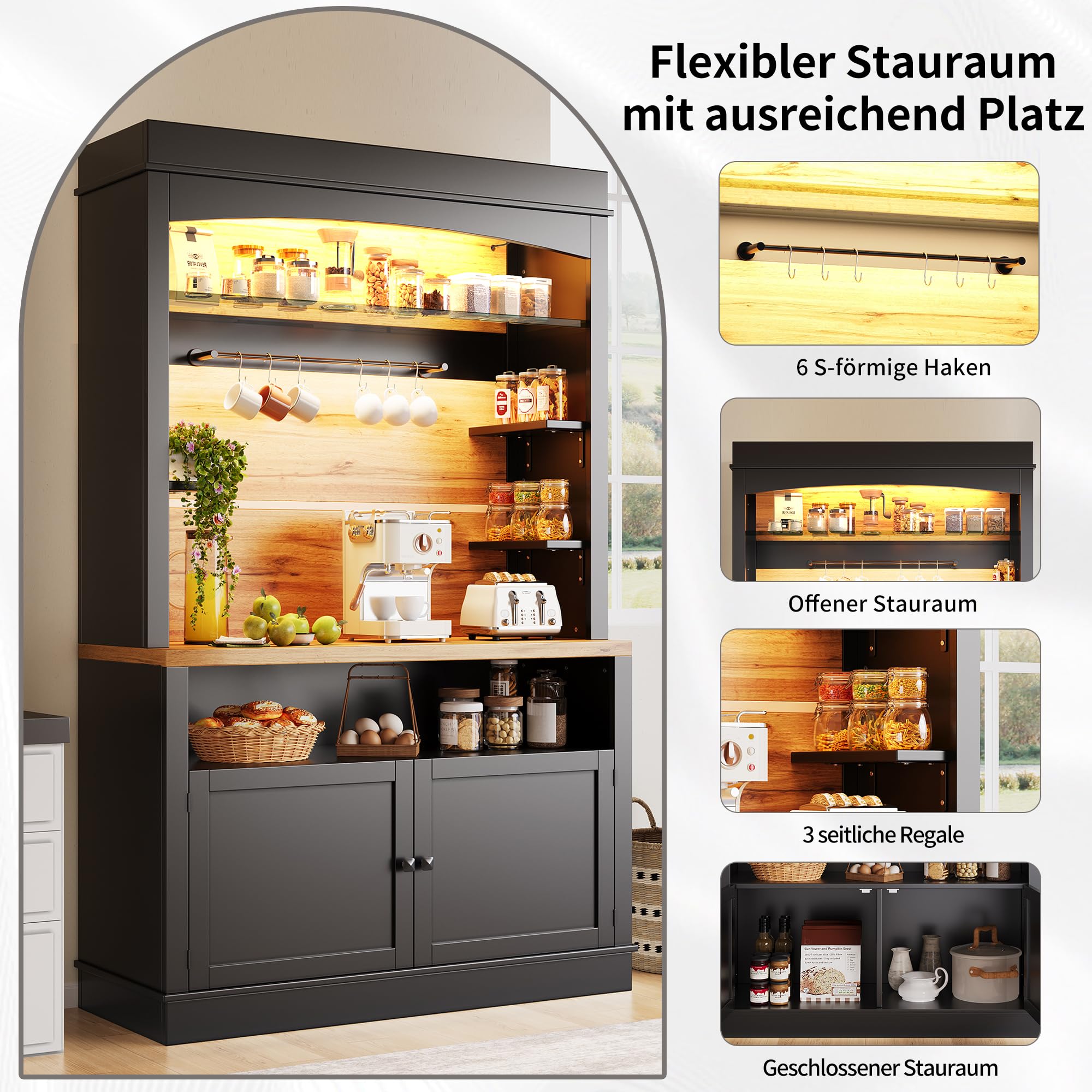 Kebnor Mobile da cucina, mobile da cucina alto (107x43x184 cm), vetrina, credenza, credenza con illuminazione a LED, ripiano aperto, nero