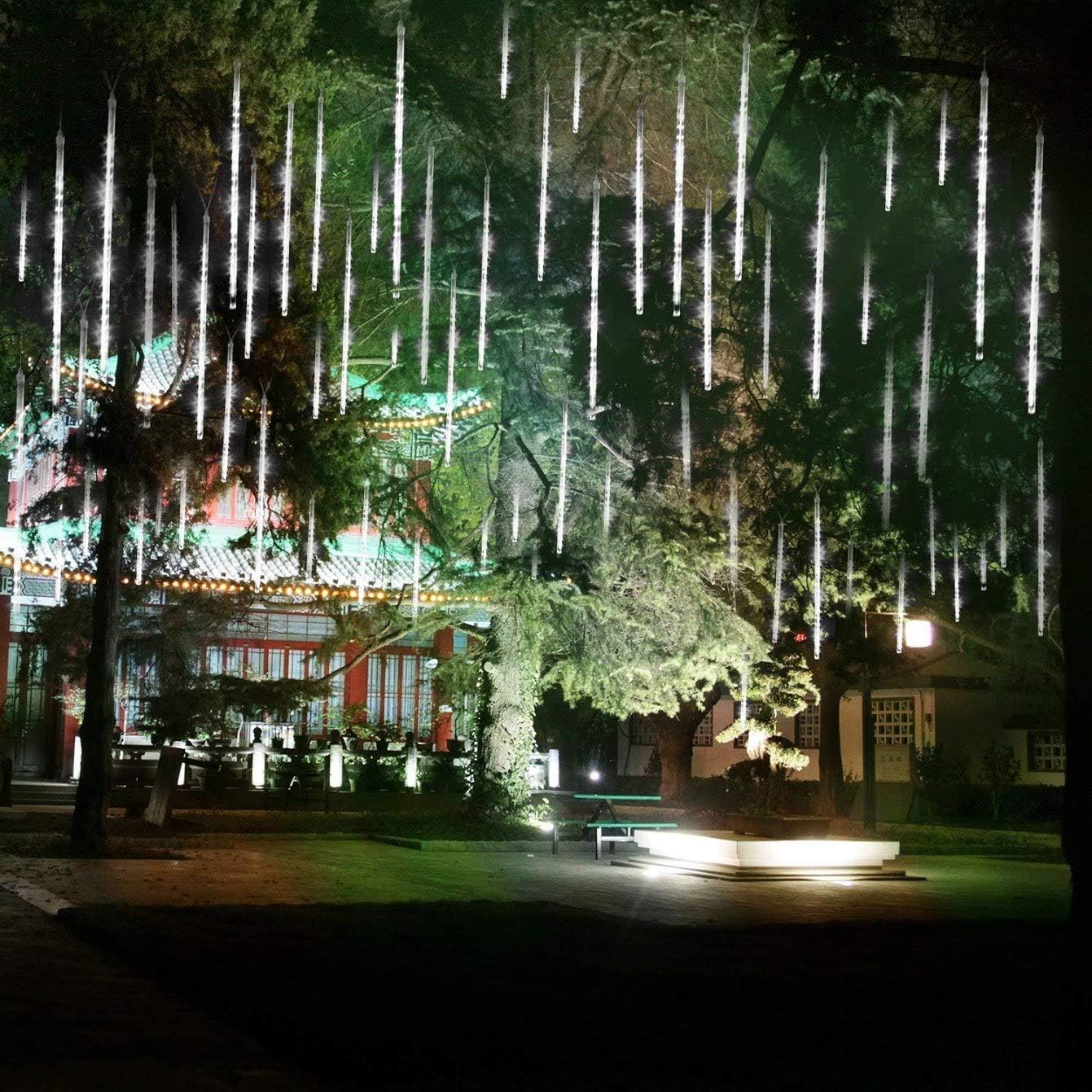 FA Meteor Shower, Falling Rain Icicle Snow String Lights 30cm 8 Tubes 144 Waterproof LEDs Wedding Party Holiday Christmas Decorations, 4 Pack, Green