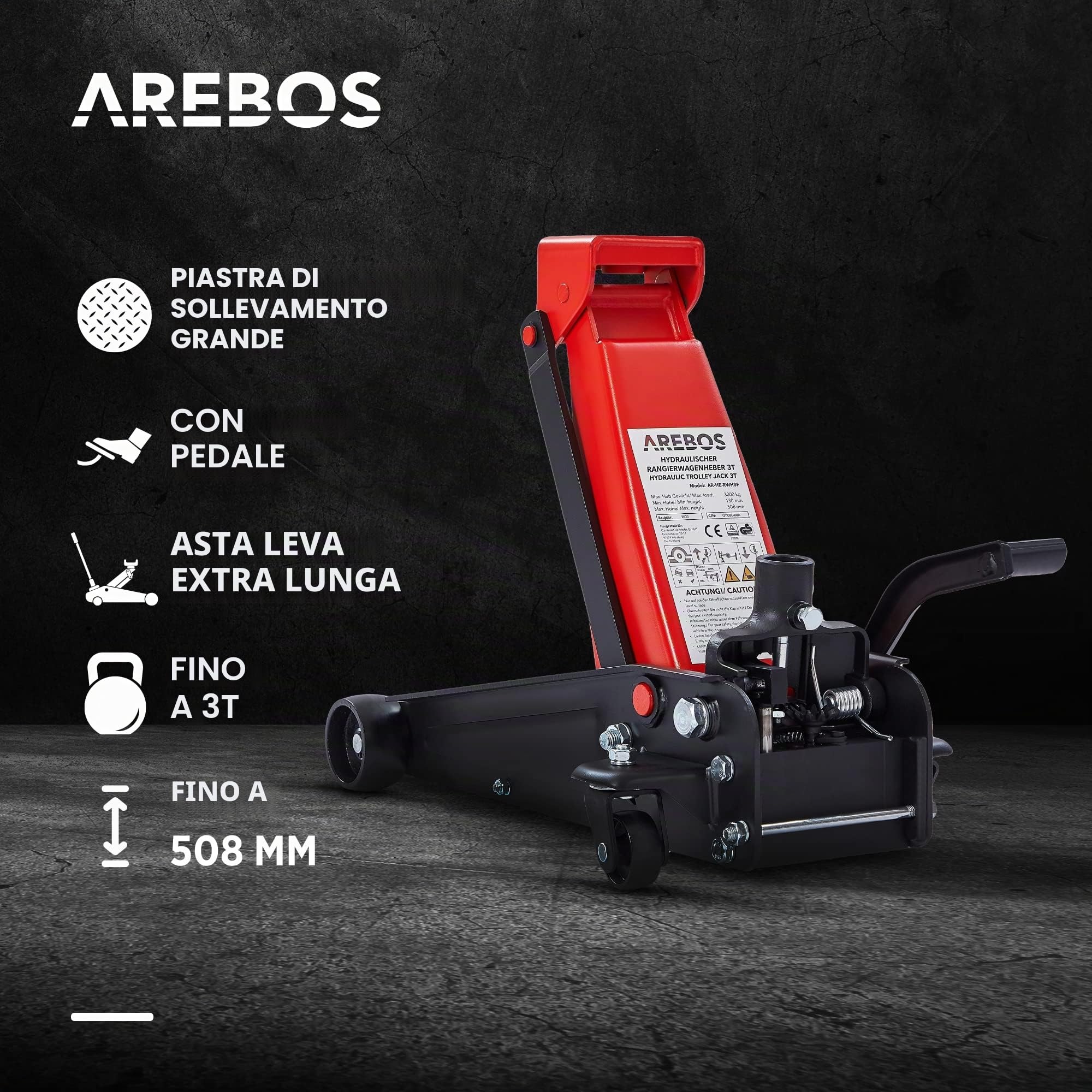 Arebos Martinetto Idraulico 3T con Pedale + 2 Cavalletti | Capacità 3 Ton | Sollevatore da Officina e Hobby | Jack Auto con 2 Supporti Stabili | Altezza Regolabile e Facile da Usare