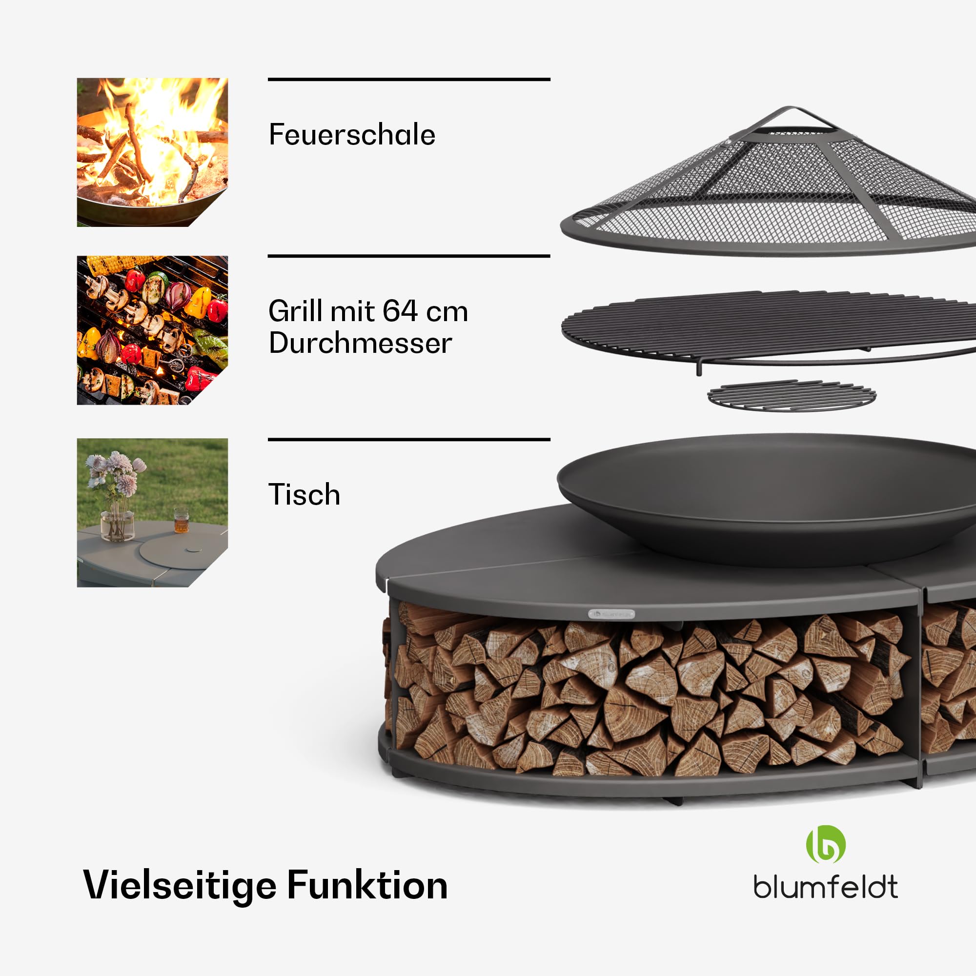 Blumfeldt Ebeko Feuerschale - 3-in-1 Feuerschale Mit Grillrost & Tisch, Robuster Stahl, Inkl. Funkenschutz, Schürhaken, Holzscheitablage & Regenschutz, Perfekt Für Garten & Terrasse