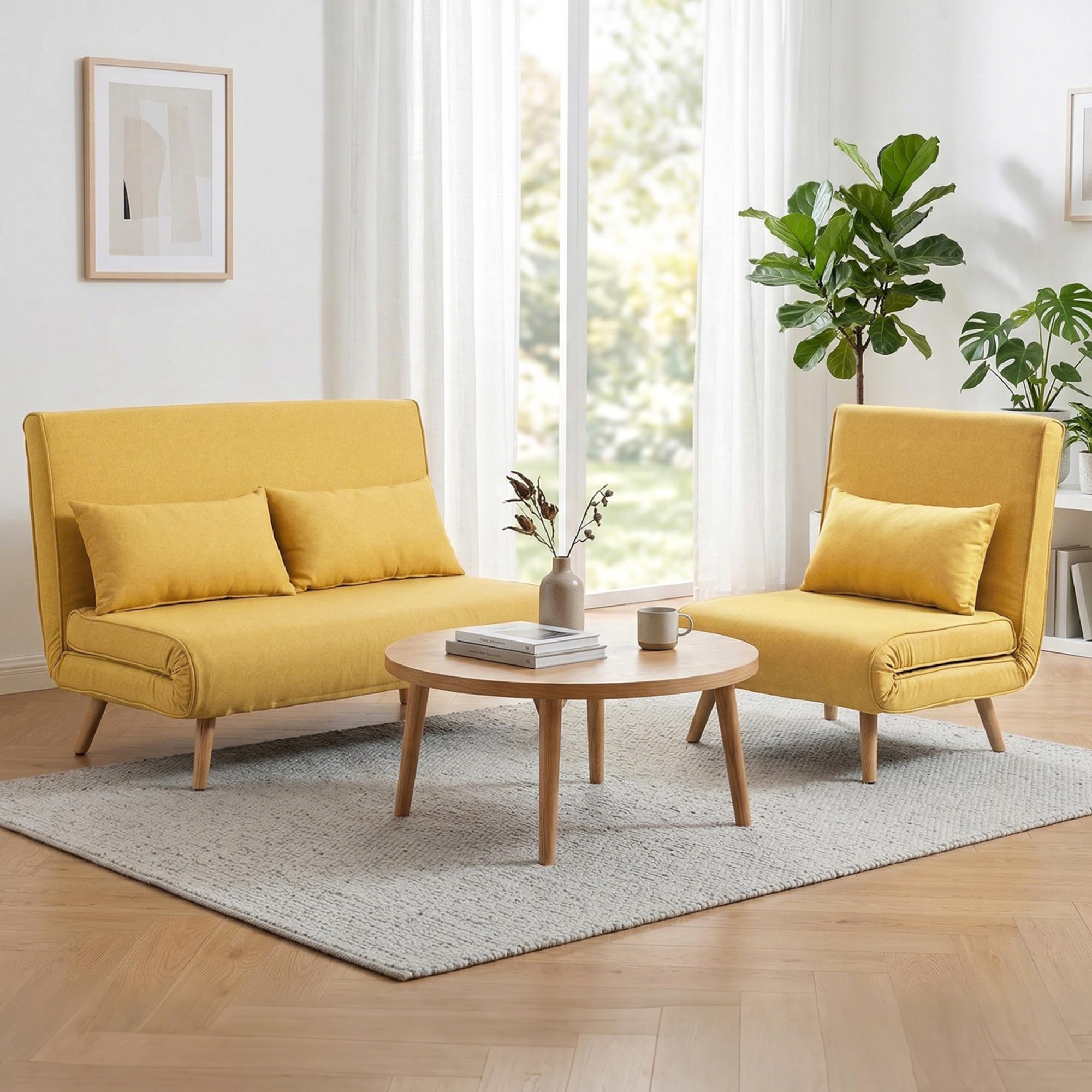 HOMCOM Sofá Cama de 2 Plazas Plegable 3 en 1, Sofá Cama, Tapizado en Lino, con Respaldo Ajustable 5 Posiciones, 2 Almohadas, para Dormitorio, Salón, Amarillo