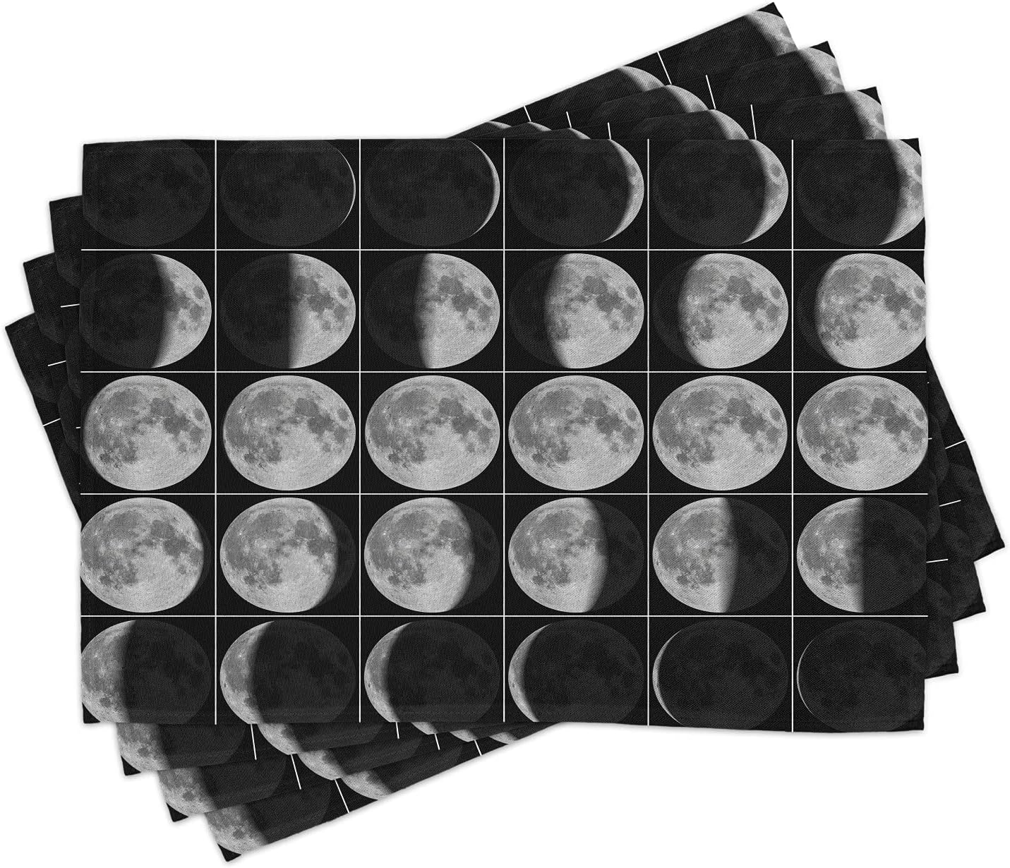 Lunarable Moon Phases Place Mats Set of 4, 30 Day Moon Phases in Identical Square Frames Astronomy Space Science, Washable Fabric Placemats for Dining Room Kitchen Table Decor, Black Pale Grey