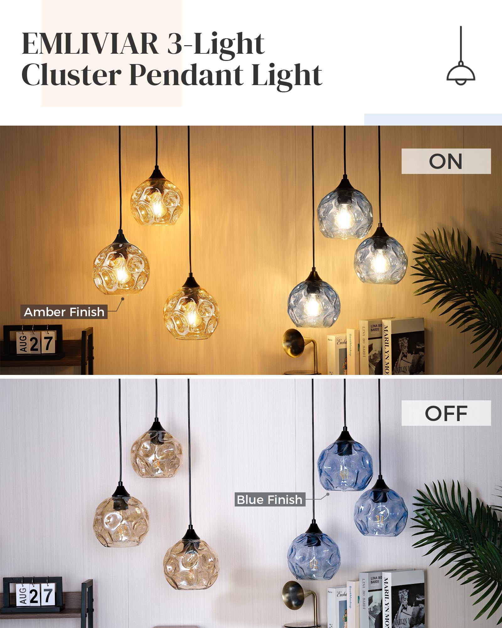 Lámpara colgante de 3 luces con cristal martillado, iluminación colgante lineal para comedor en acabado ámbar, DYE287G2-3 BK 5