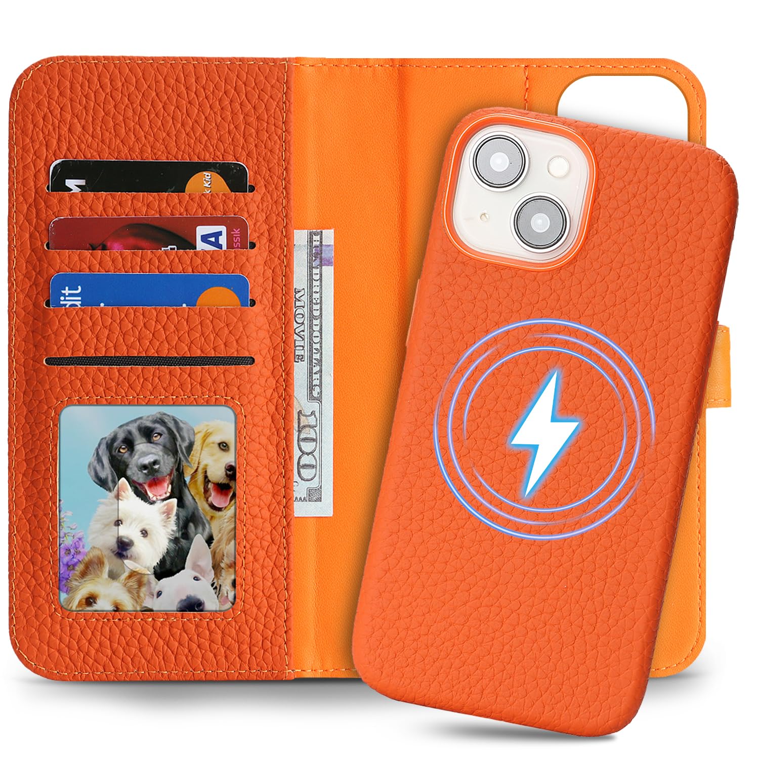 Detachable Genuine Leather Case for iPhone 13/14 Wallet Case Magnetic 2in1 Removable Flip Cover Book Purse Compatible with Magsafe Charging Kickstand Card Holder-Orange