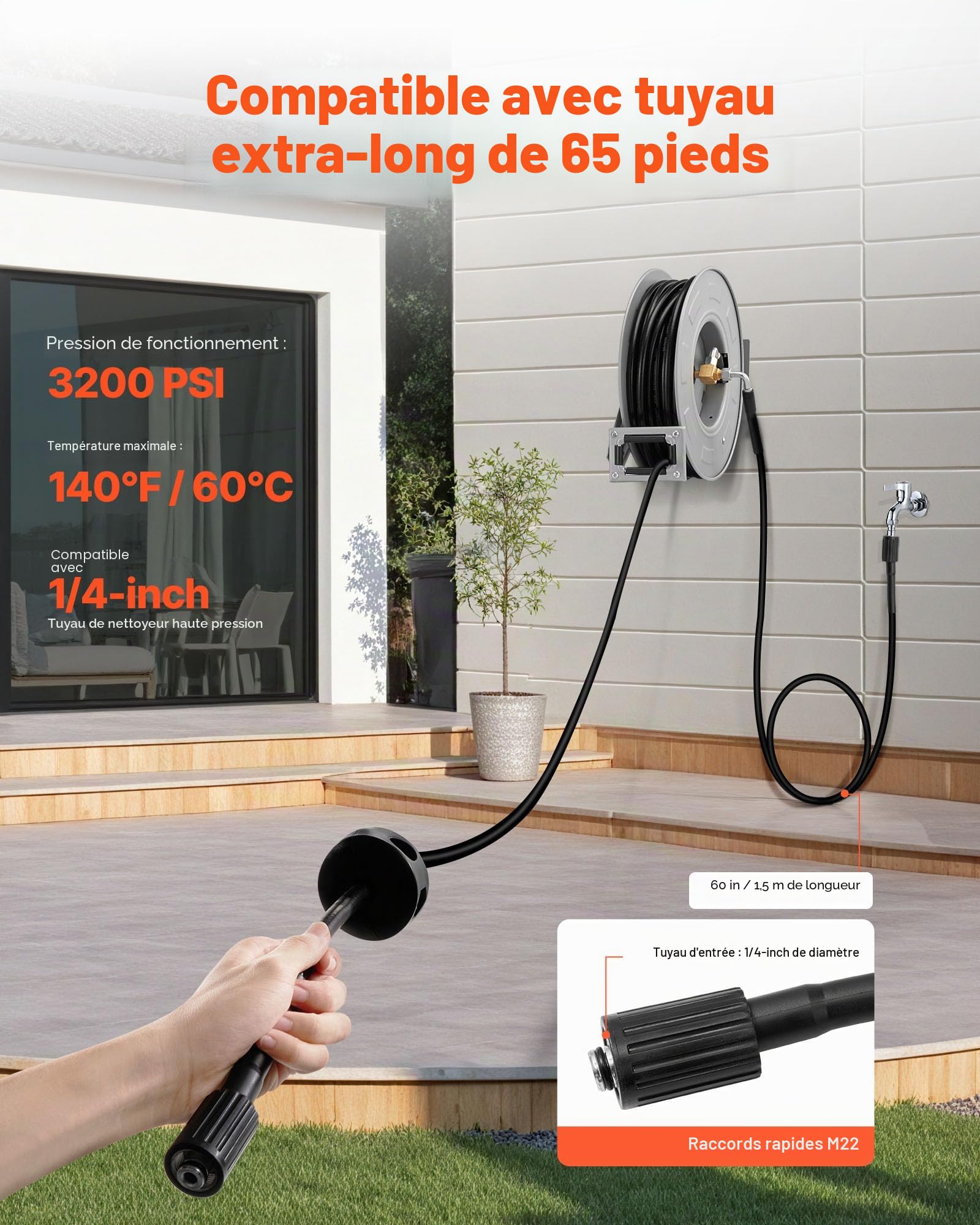 VEVOR Enrouleur de Tuyau pour Nettoyeur Haute Pression 19,8 m x 6,4 mm, Dévidoir Rétractable Acier, Montage sur Mur, Sol, Pression 220,6 bar, Enroulement Automatique pour Lavage Voiture, Sol, Jardin