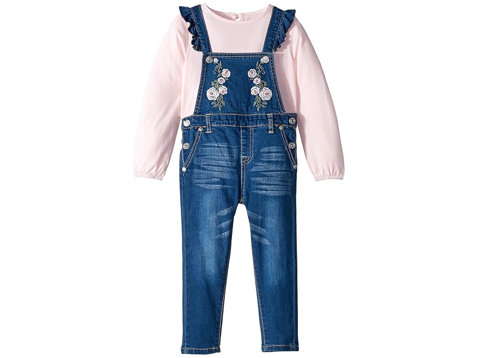 

7 For All Mankind Kids Two-Piece Set Slub Knit Jersey Long Sleeve Top and Medium Wash Denim Overall (Toddler) (Potpourri) Girl's Active Sets