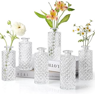 ComSaf Glass Bud Vases Set of 6 - Diamond Pattern Mini Flower Vases, Vintage Clear Bottles for Wedding Centerpieces, Table & Home Decor