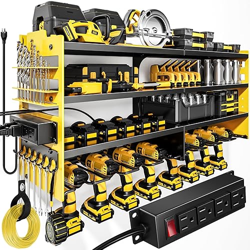 Miniatura 10 de Organizador grande de herramientas eléctricas de montaje en pared con estación de carga, 4 capas de metal resistente para almacenamiento de