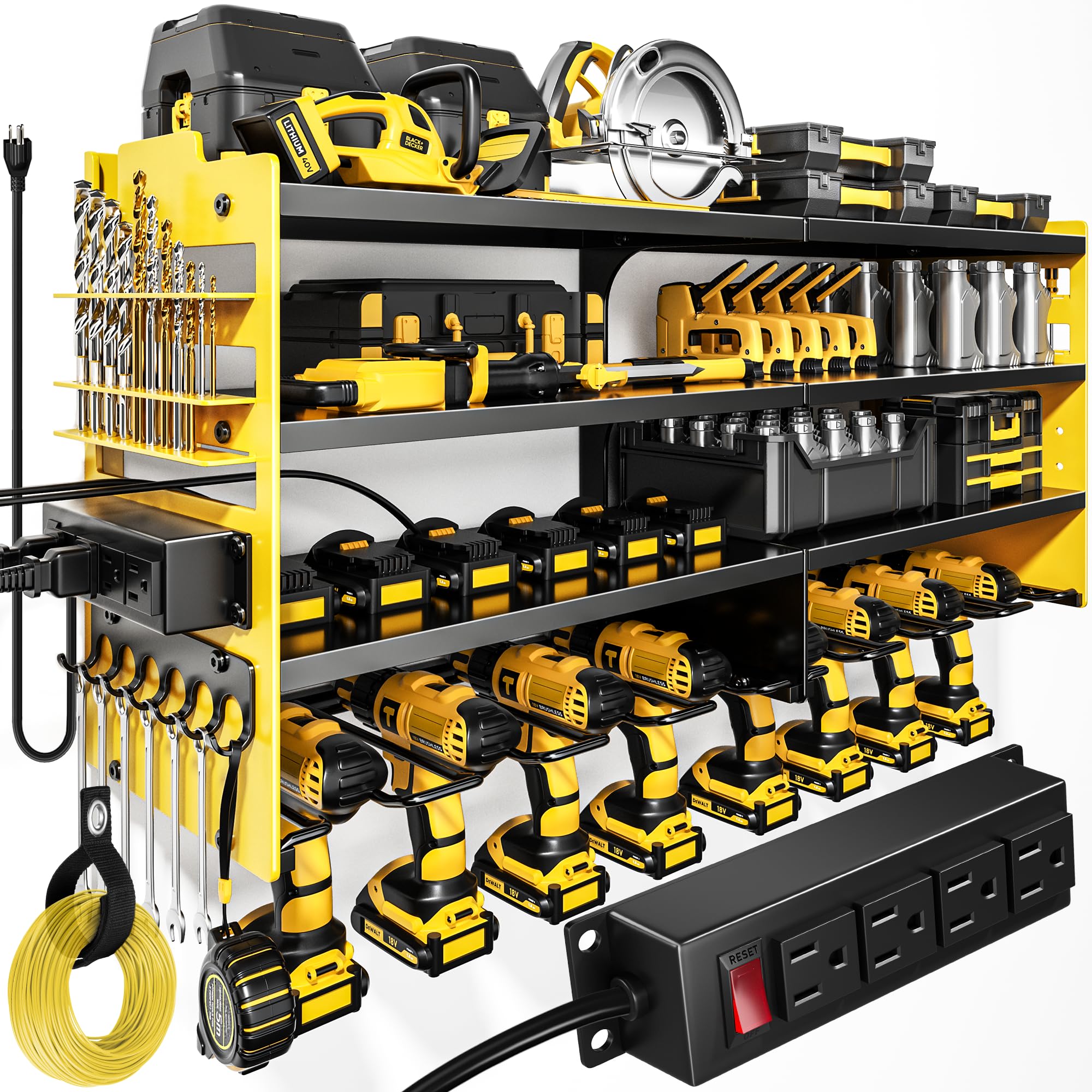 POKIPO Large Power Tool Organizer Wall Mount with Charging Station,4 Layer Heavy Duty Metal Storage Rack Loads 600lbs with 8 Cordless Drill Holder,Battery Utility Rack Gift for Garage workshops Room