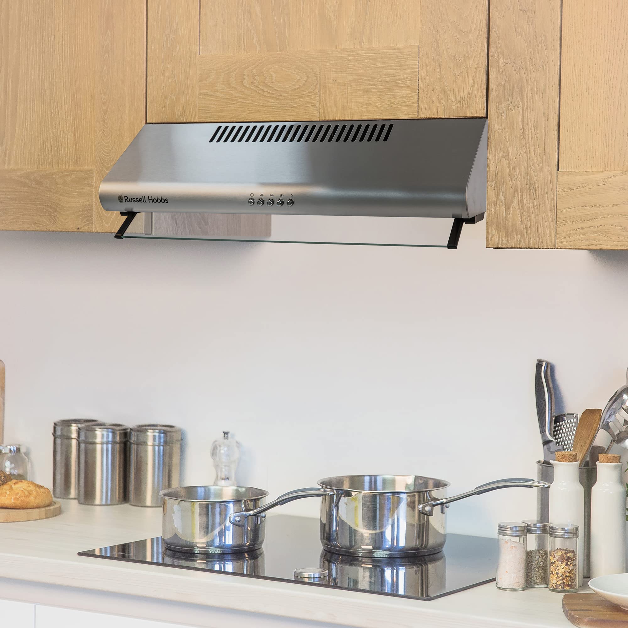 Russell Hobbs 60cm Wide Visor Cooker Hood in Stainless Steel, 3 Speed Settings, Washable Filters, LED Lights, Low Noise, Extraction and Recirculation, Premium Push Button Controls, RHVSRCH602SS -M — view 3