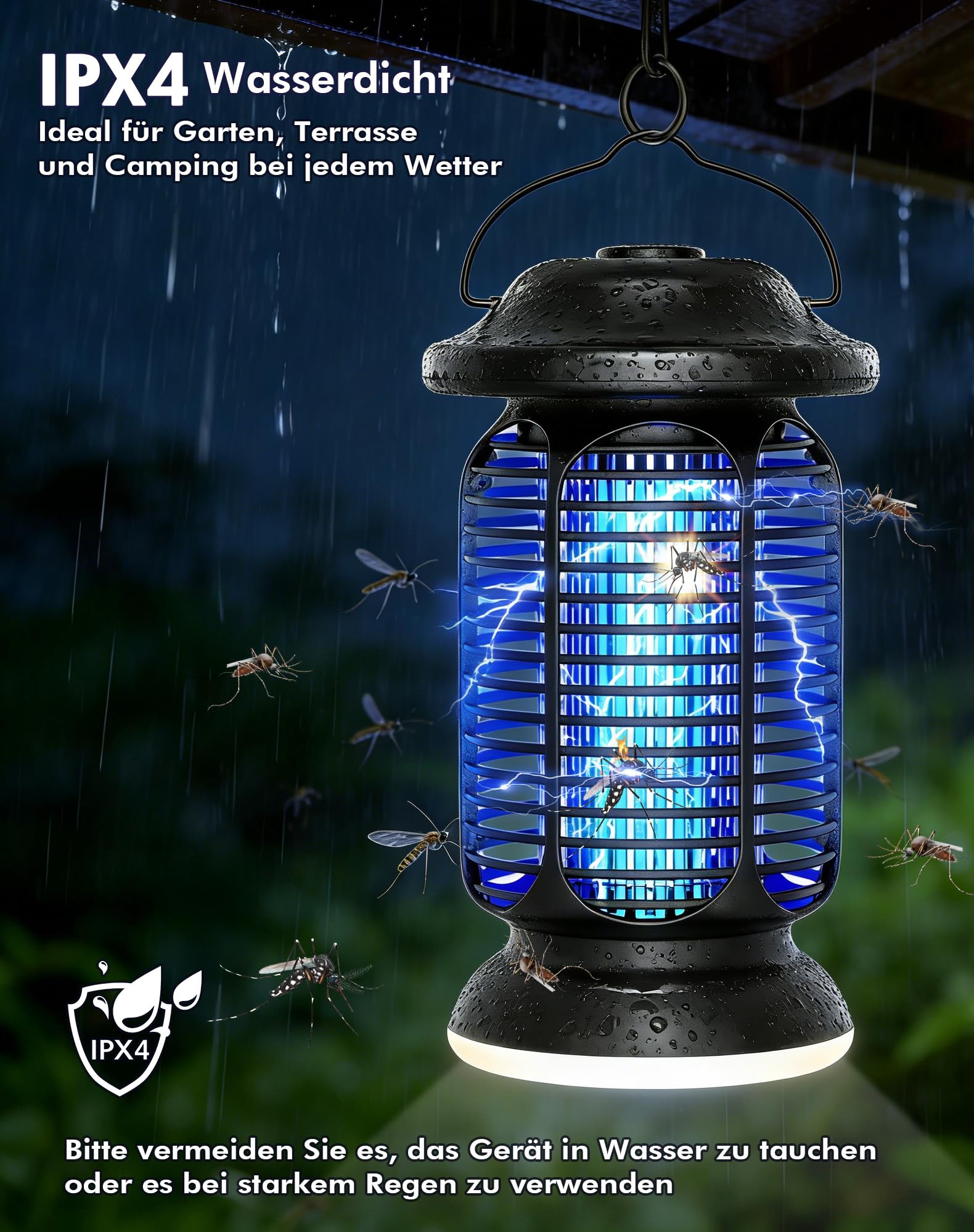 Insektenvernichter Elektrisch 4000V, Fliegenfalle Elektrisch 20W mit LED Licht, UV Mückenlampe IPX4 Wasserdicht, Anti Mücken Fliegen Insekten, Mückenfalle für Draußen Innen
