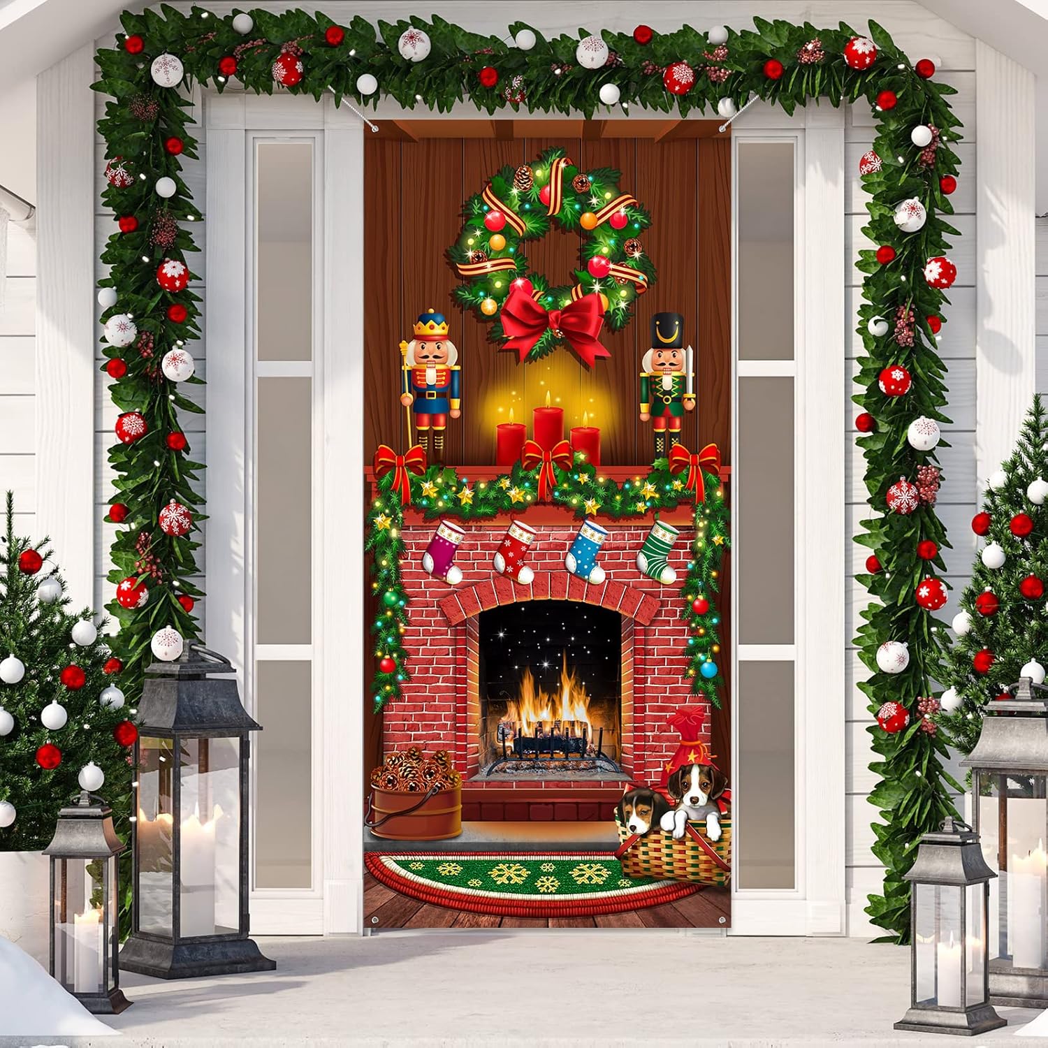Tiamon Merry Christmas Door Cover Christmas Fireplace Door Cover Backdrops Xmas Tree Printed Banner Background Xmas Nutcracker Porch Hanging Decorations, 6.5 x 3 Feet