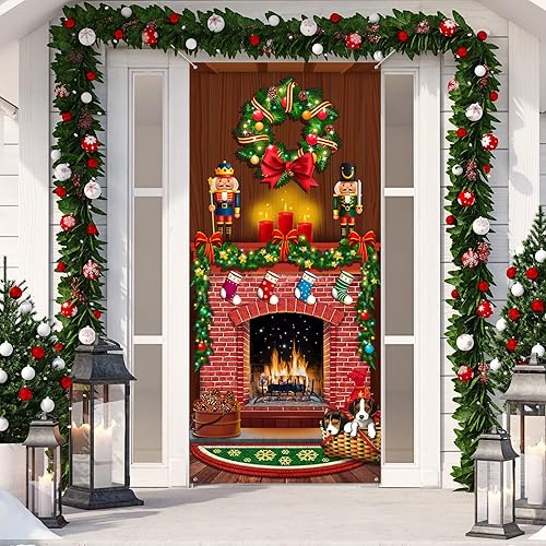 Tiamon Cubierta de puerta de Navidad para chimenea, telón de fondo, estampado de árbol de Navidad, decoración colgante de cascanueces de Navidad,
