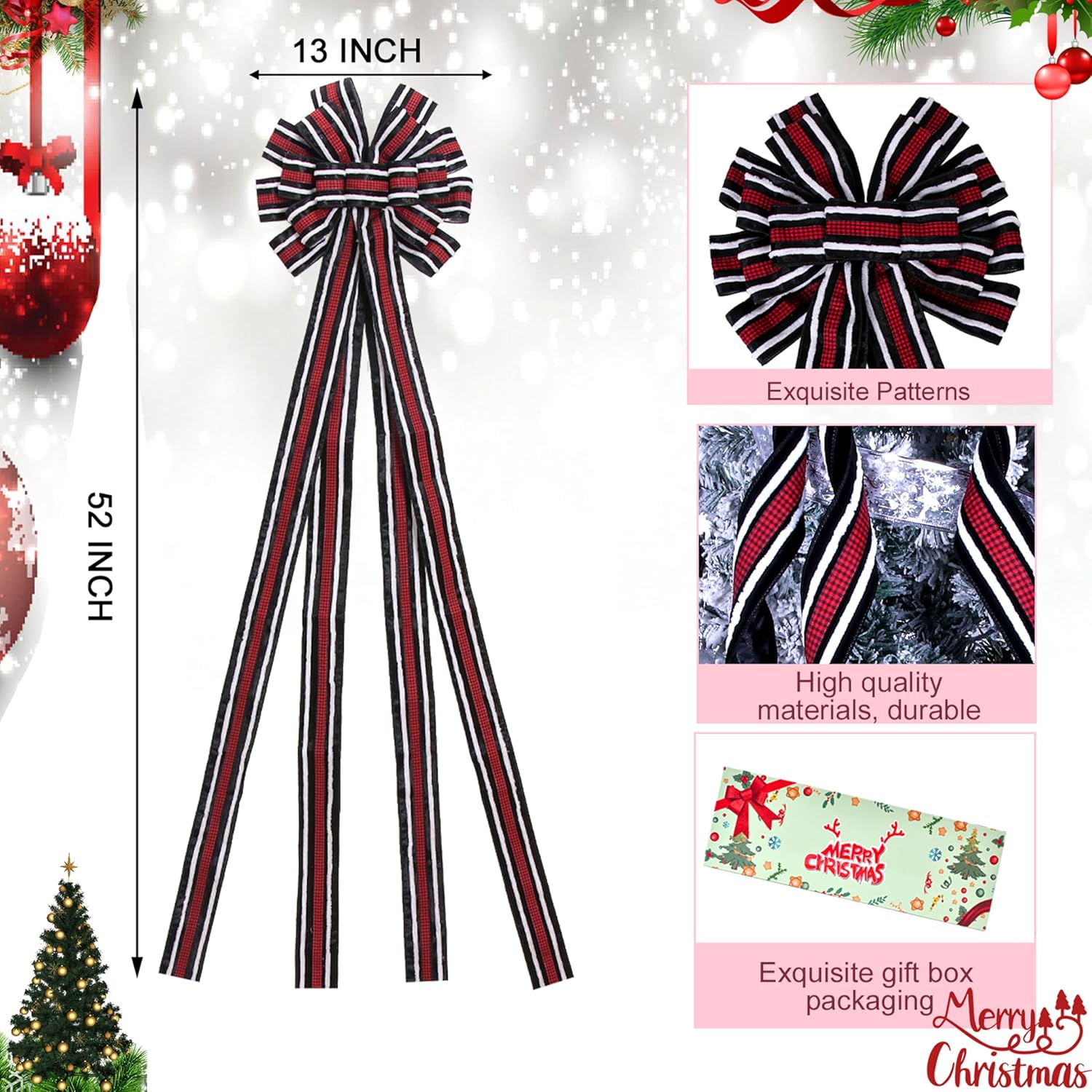Christmas Tree Topper Bow Large Black Christmas Wreath Bow Tree Topper, Flocking Fabric with White Raw Edge Gift Bows for Xmas Ornament Holiday Home Thanksgiving Indoor/Outdoor Decor 52x13 Inches - Image 2