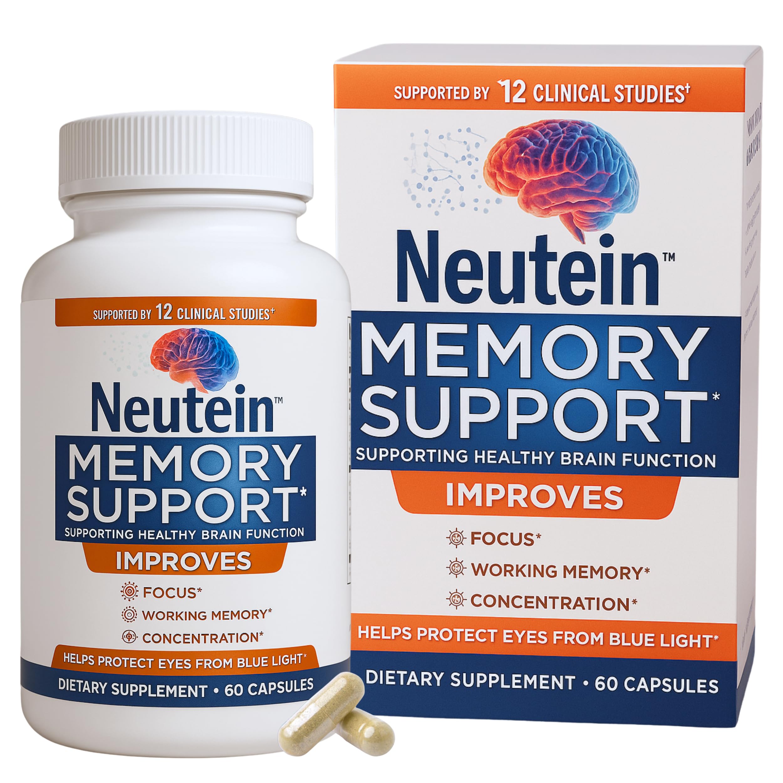 Natural Brain Booster for Memory, Concentration & Brain Health - Extra Strength Plant-Based Focus Supplement for Adults & Seniors, Made in USA (60 capsules/30 Serv)