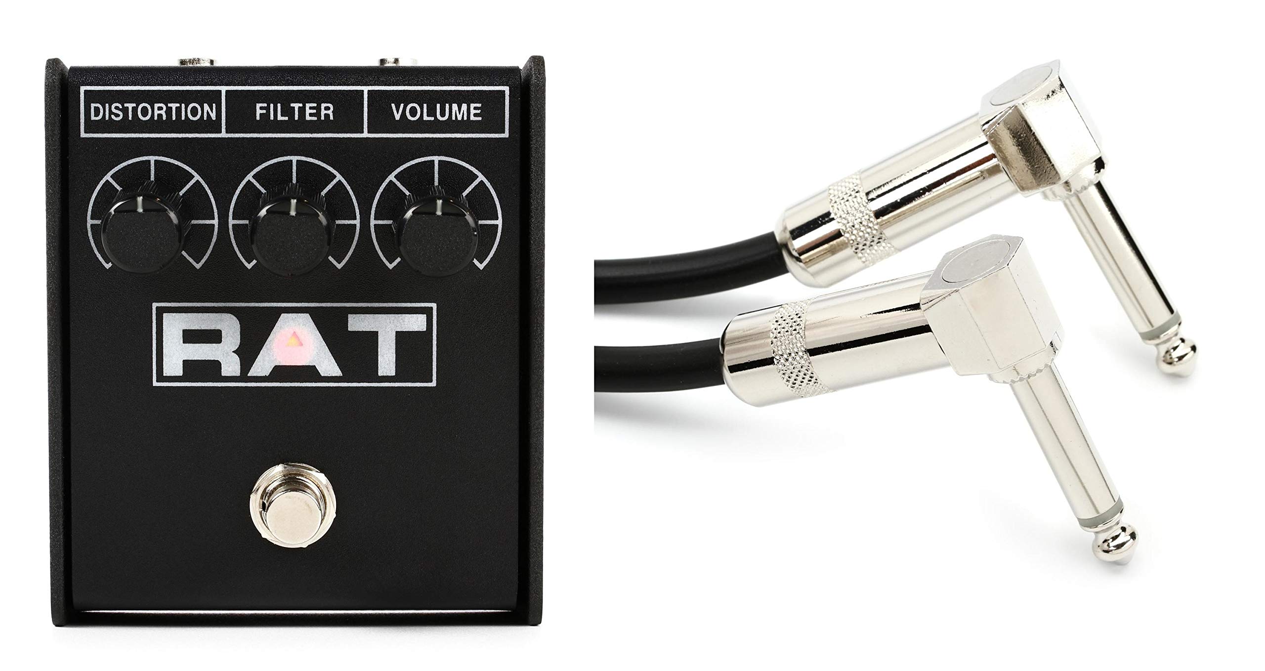Pro Co RAT 2 Distortion/Fuzz/Overdrive Pedal + StageMASTER SEGLL-06 Right Angle to Right Angle Patch Cable - 6 inch