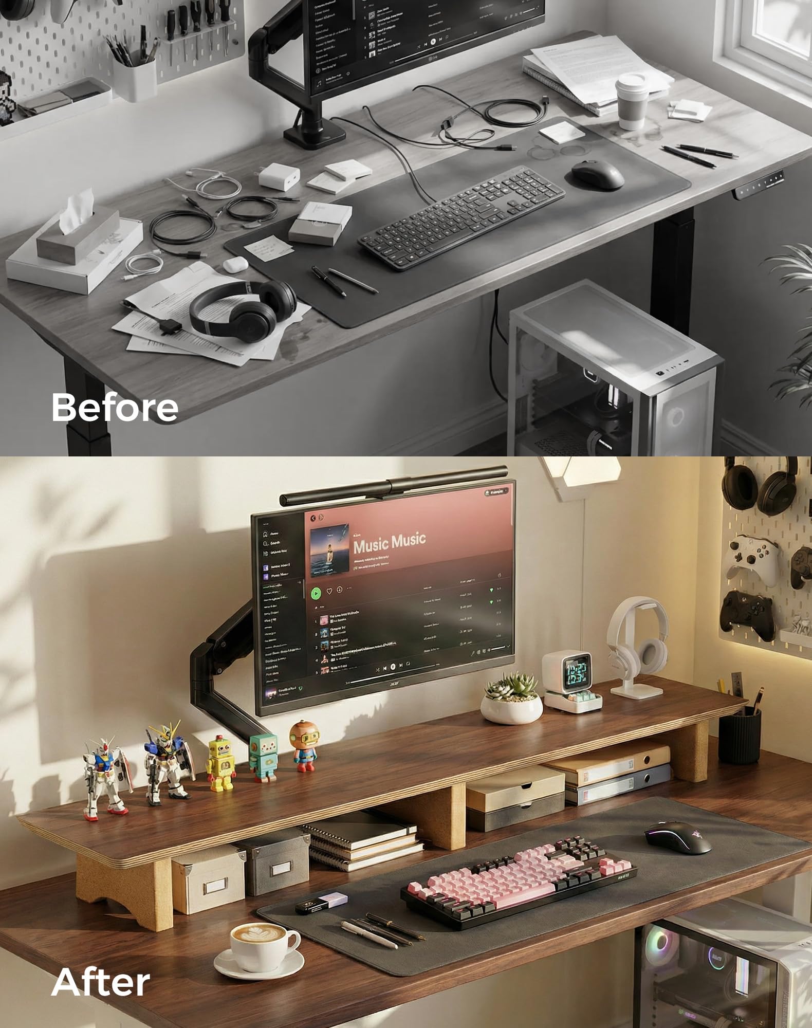 Aothia grande supporto per doppio monitor, mensola da scrivania in legno massello con gambe in eco sughero per computer portatile/TV/PC/stampanti per accessori da ufficio (noce nero)