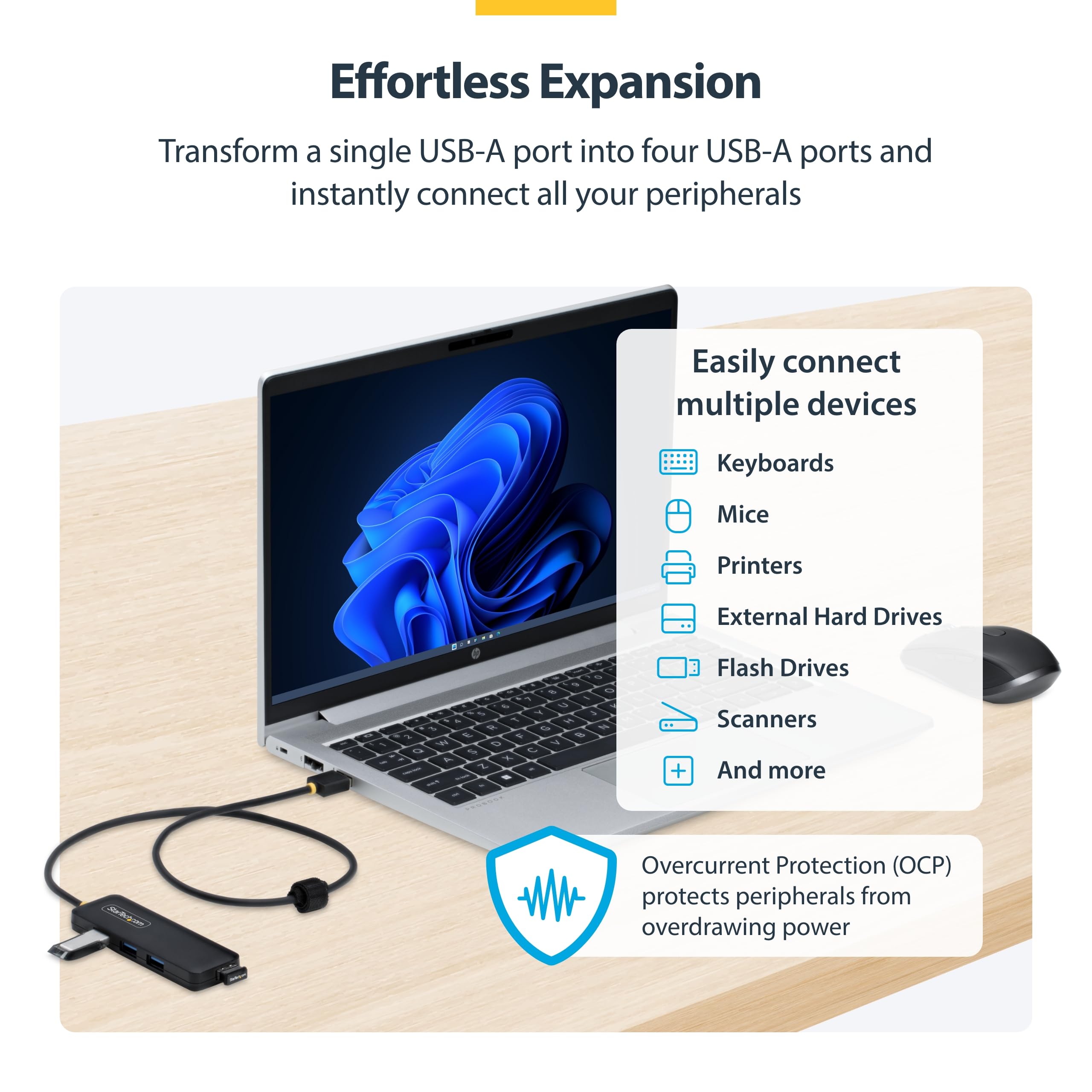 StarTech. com 4-portowy hub USB-A, zasilany magistralą, mini hub z 4 portami USB-A 5 Gb/s, do laptopa/komputera stacjonarnego; wbudowany kabel 61 cm, wykonany z tworzywa PRC