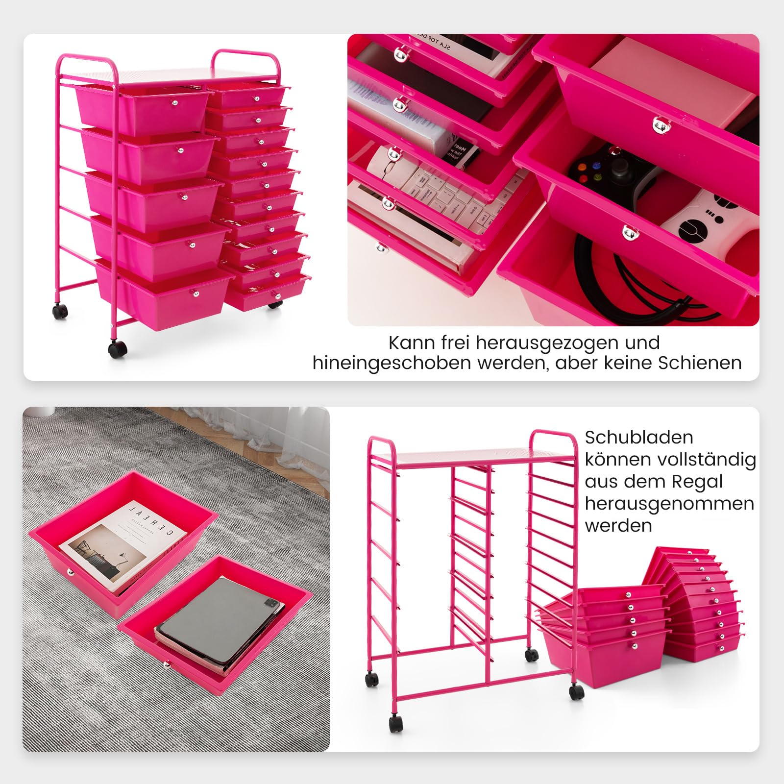 COSTWAY Rollwagen mit 15 stapelbaren Schubladen, Rosarot