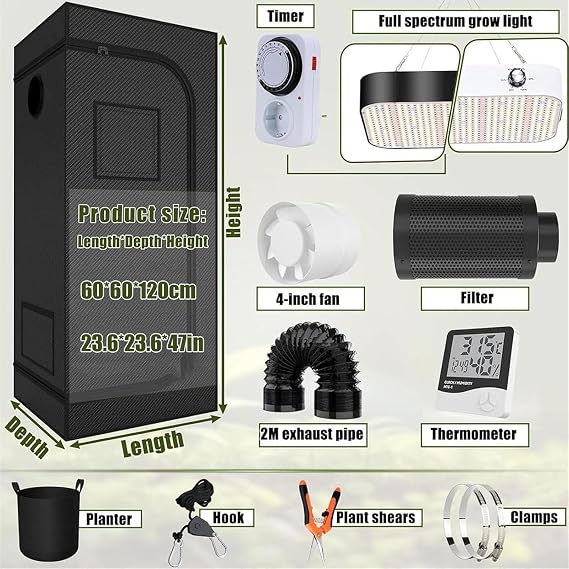 Grow Tent Kit 200W Complete Set with Dimmable LED Lights, Timer, Hygrometer, 600D Oxford Cloth for Indoor Plants and Vegetables, 23.6x23.6x47in