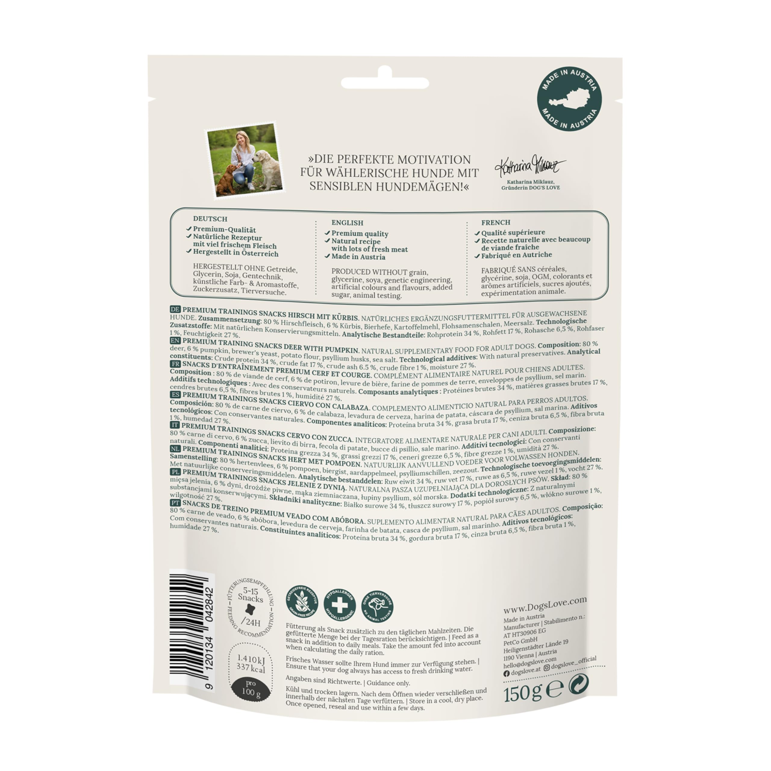 DOG'S LOVE Hunde-Training Treats Hirsch 6 x 150g | ohne Getreide & Zucker