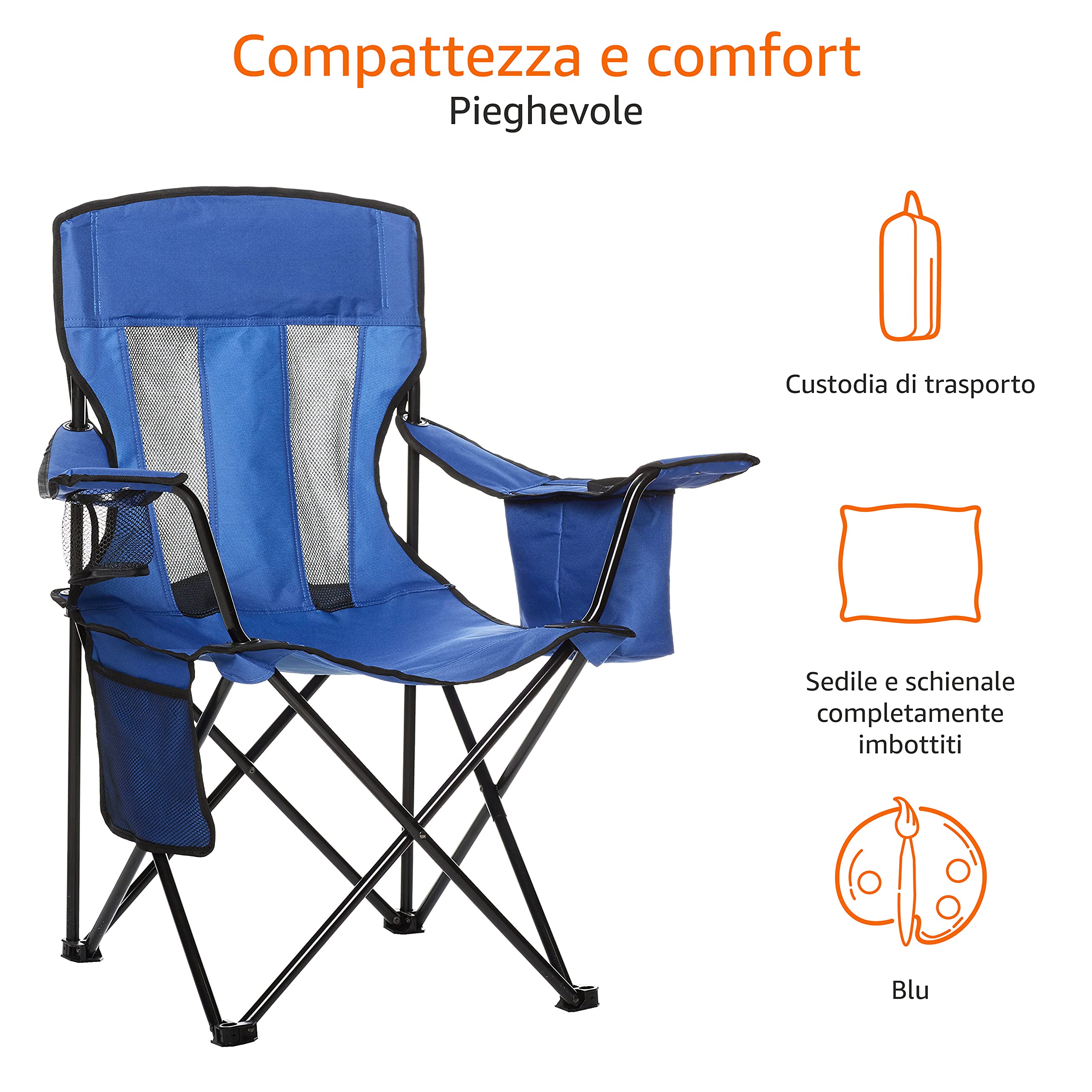 Amazon Basics Sedia da campeggio con tasca termica, Normale, Blu (Rete)
