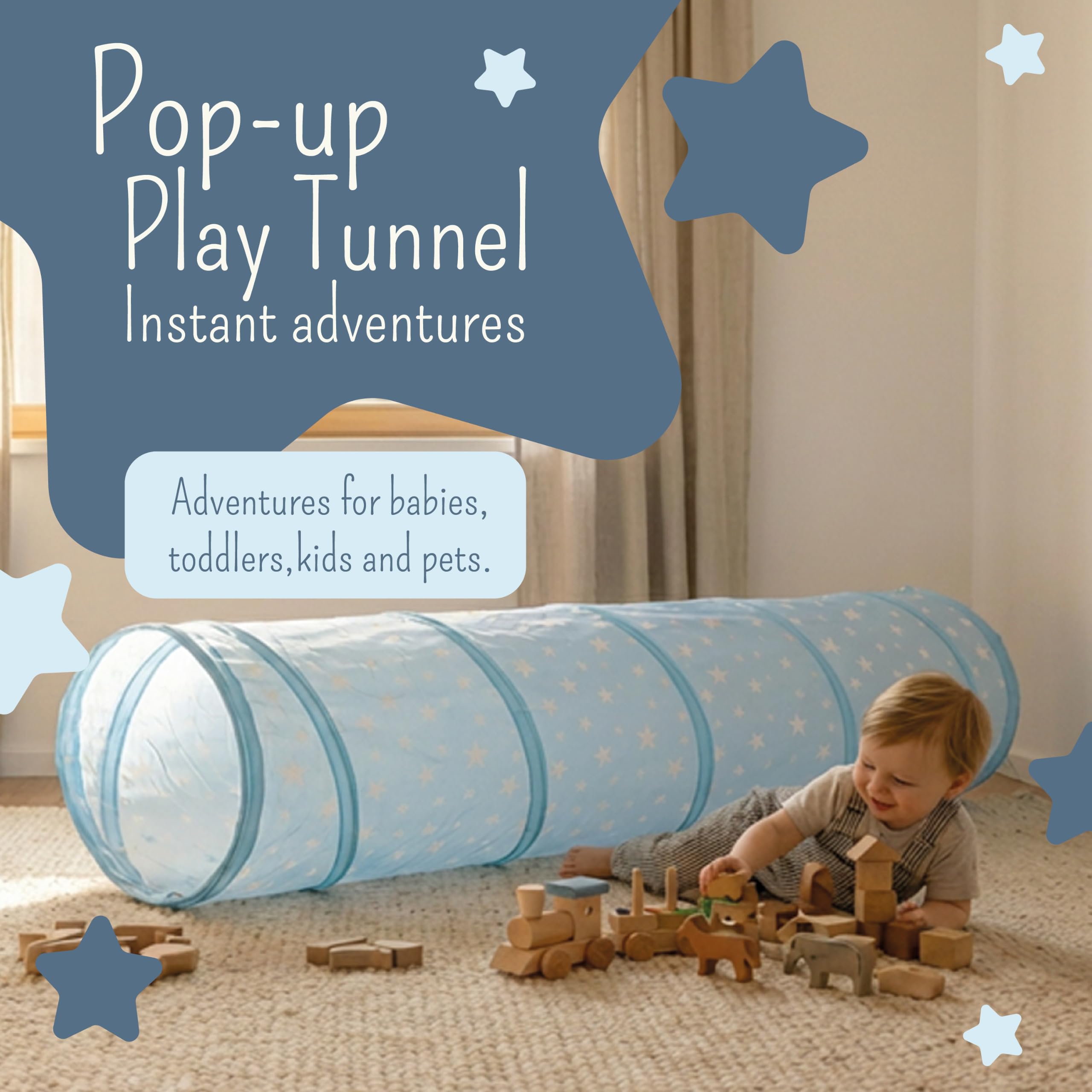 Túnel Azul y Tienda de Juego para Niños, Casa de Juego Interior/Exterior, Tienda de Juego Plegable para Niños con Túnel Pop-up de 180 cm, Piscina de Bolas y Juguetes de Jardín