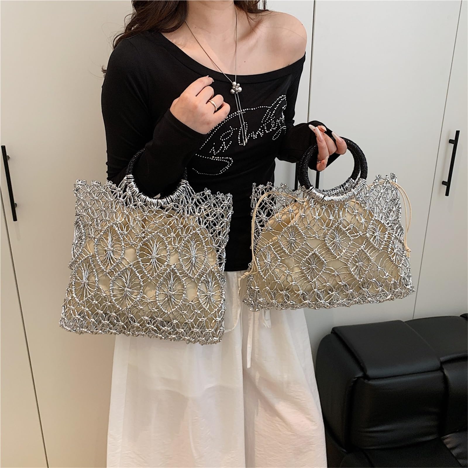 borsa donna estiva Borse da donna con manico rotondo dal design tessuto fatto a mano ecologiche superiore scavate