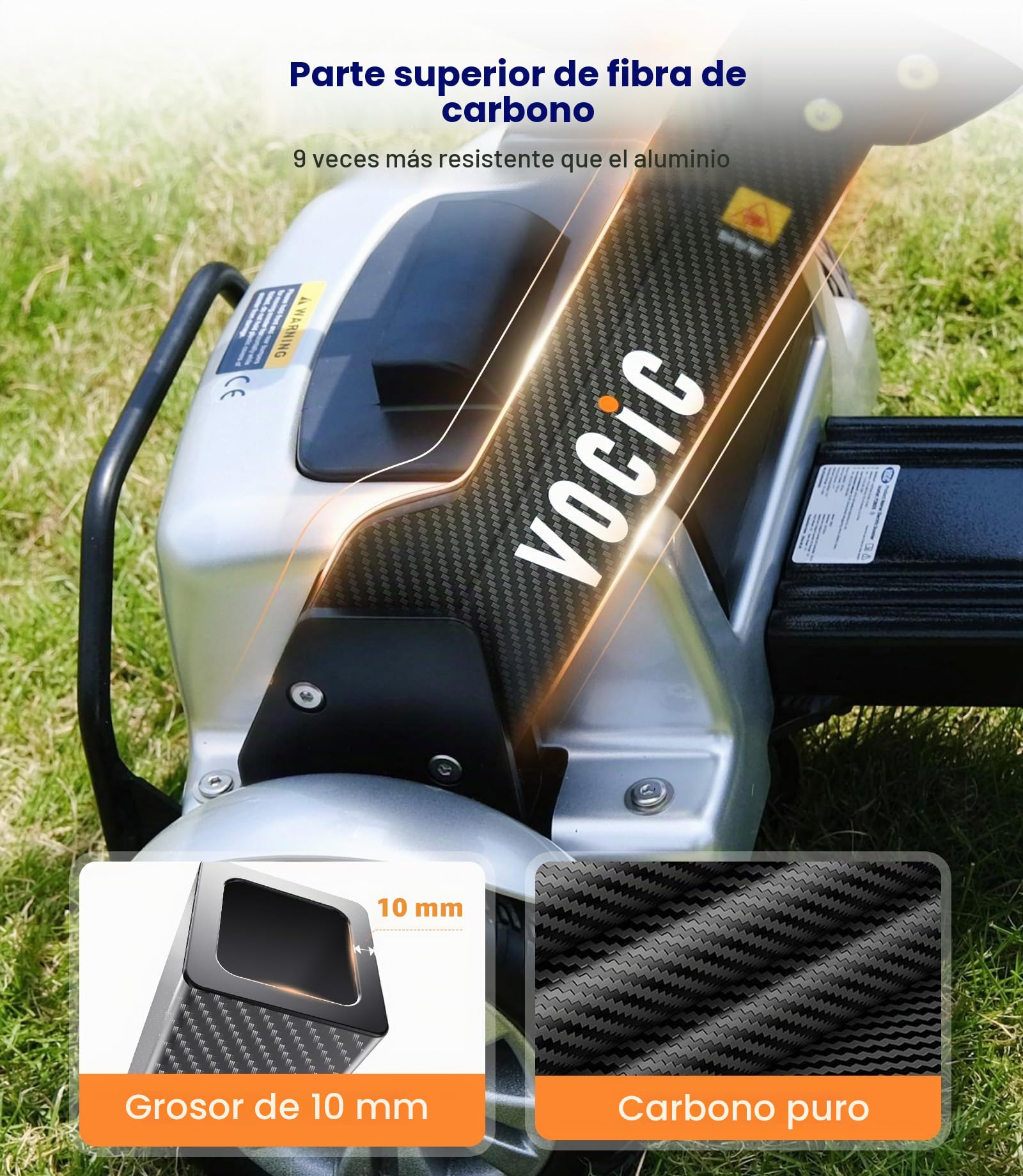 VOCIC D71 Scooter de movilidad ultraligero de carbono plegable 21 kg | 20 km de autonomía, soporta hasta 150 kg, marco ajustable, fácil de transportar y apto para viajar en avión, Plata